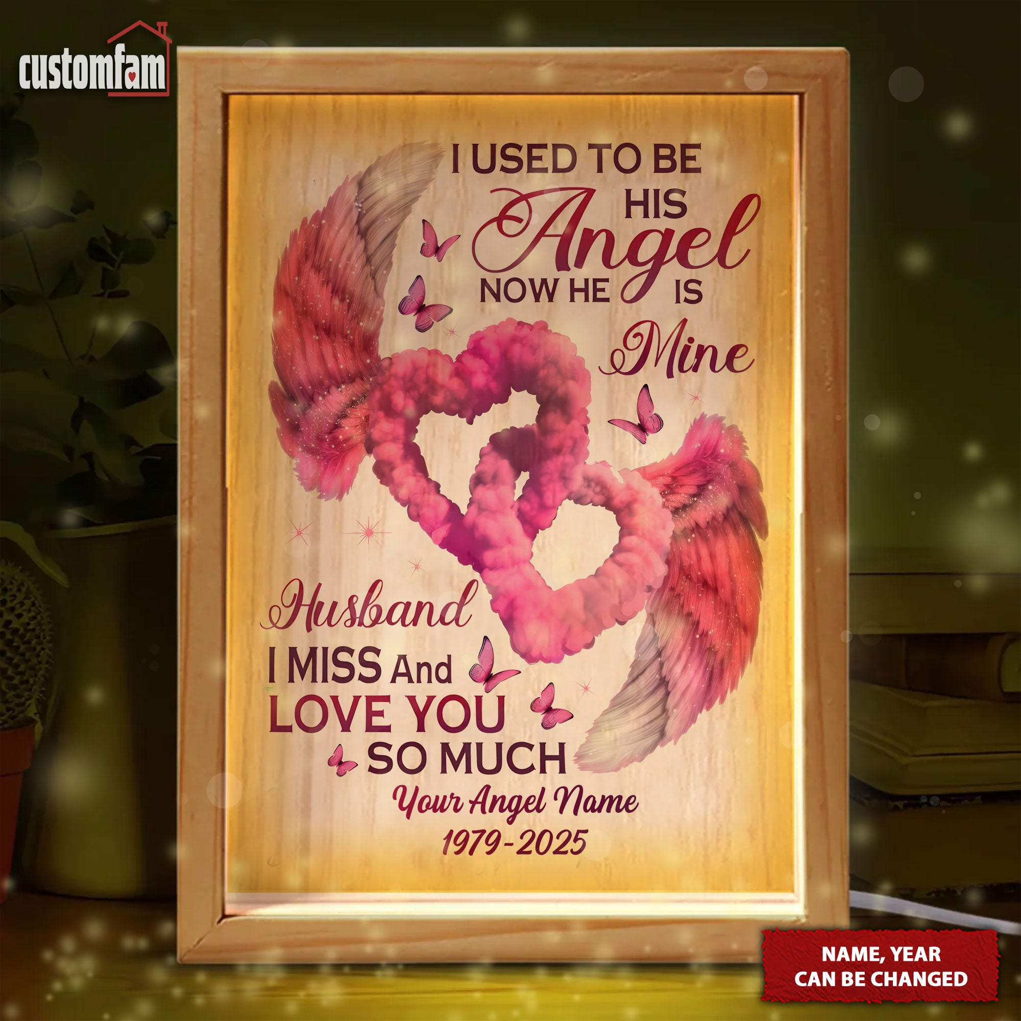 I Used To Be His Angel Now He Is Mine Personalized Memorial Photo Frame Light Box, Gifts For Lost Loved Ones