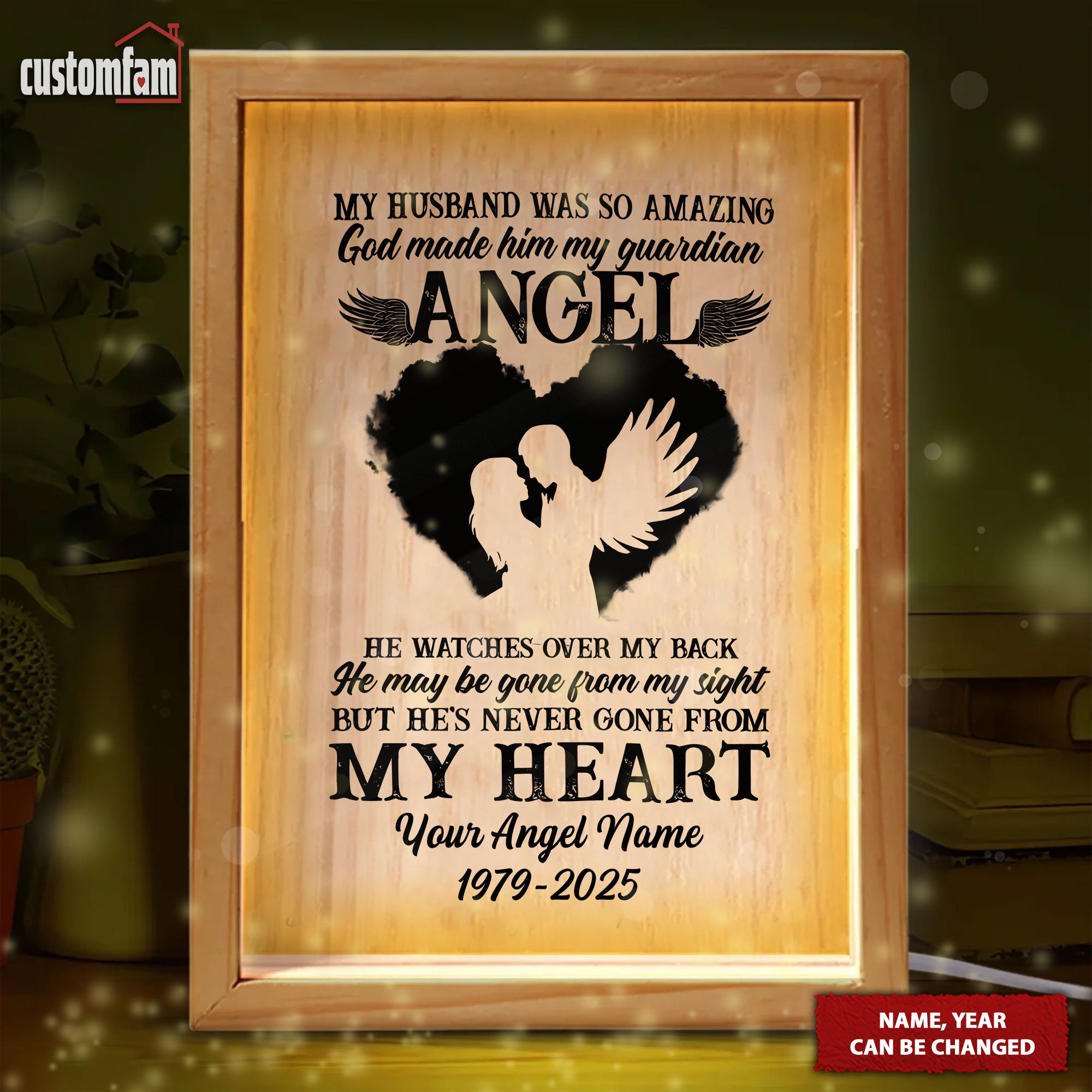 My Husband, My Guardian Angel Personalized Memorial Photo Frame Light Box, Gifts For Lost Loved Ones