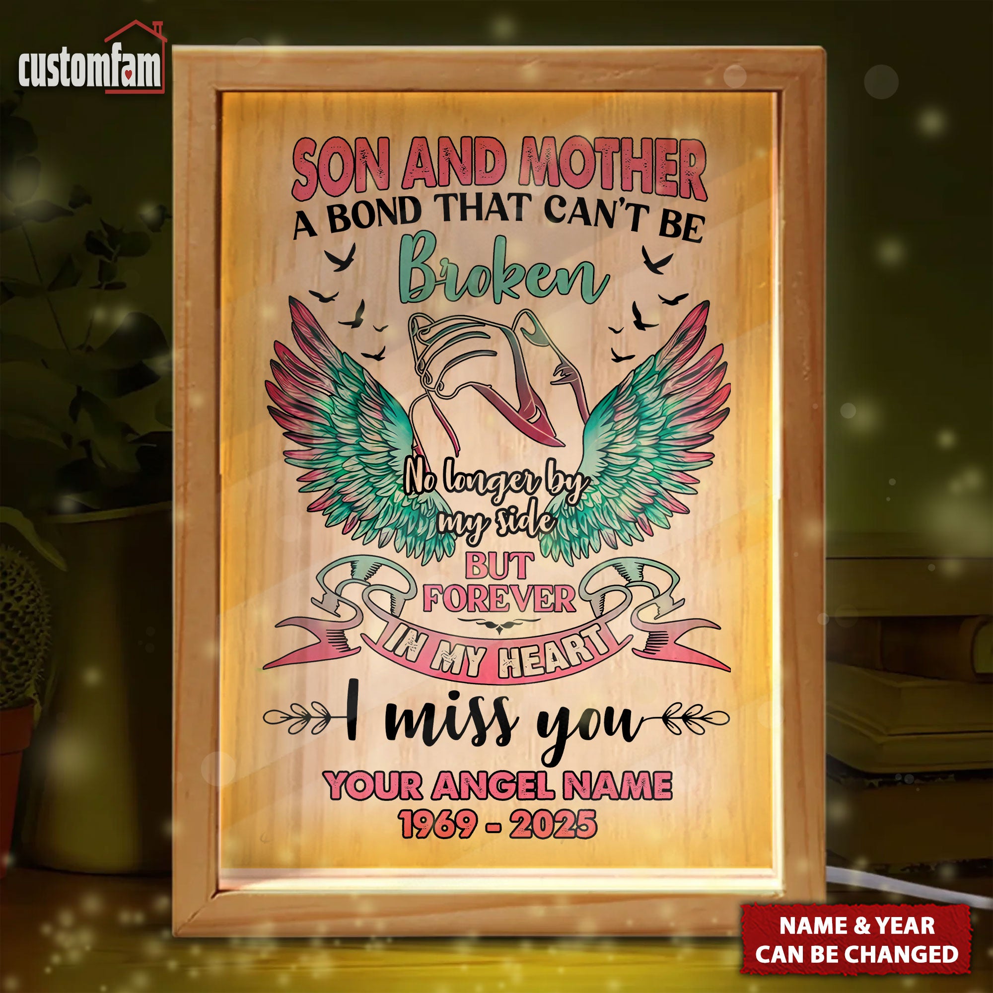 No Longer By My Side But Forever In My Heart Personalized Memorial Photo Frame Light Box, Gifts For Grieving Mother