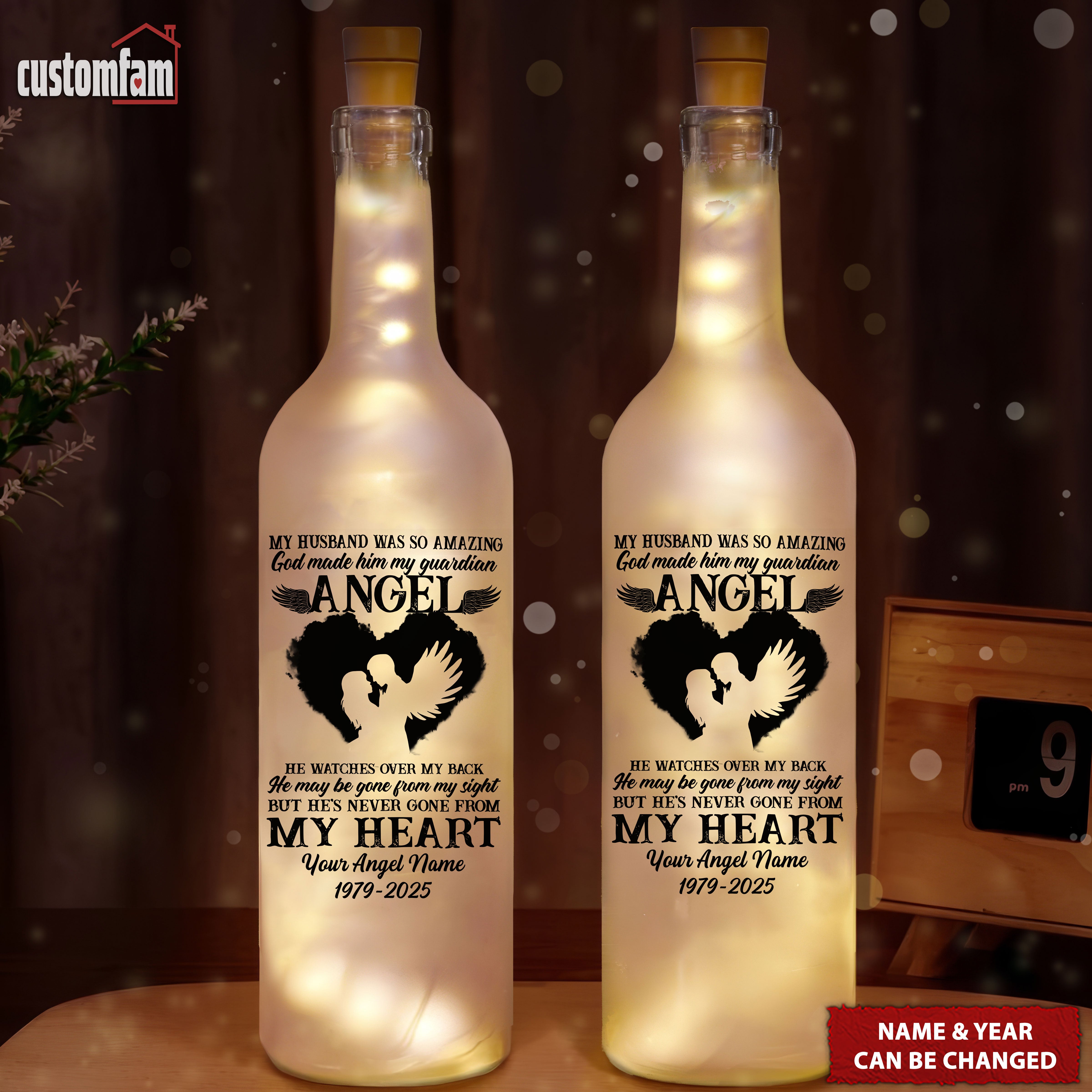 My Husband, My Guardian Angel Personalized Memorial Bottle Lamp, Wine Bottle Lights, Gifts For Lost Loved Ones