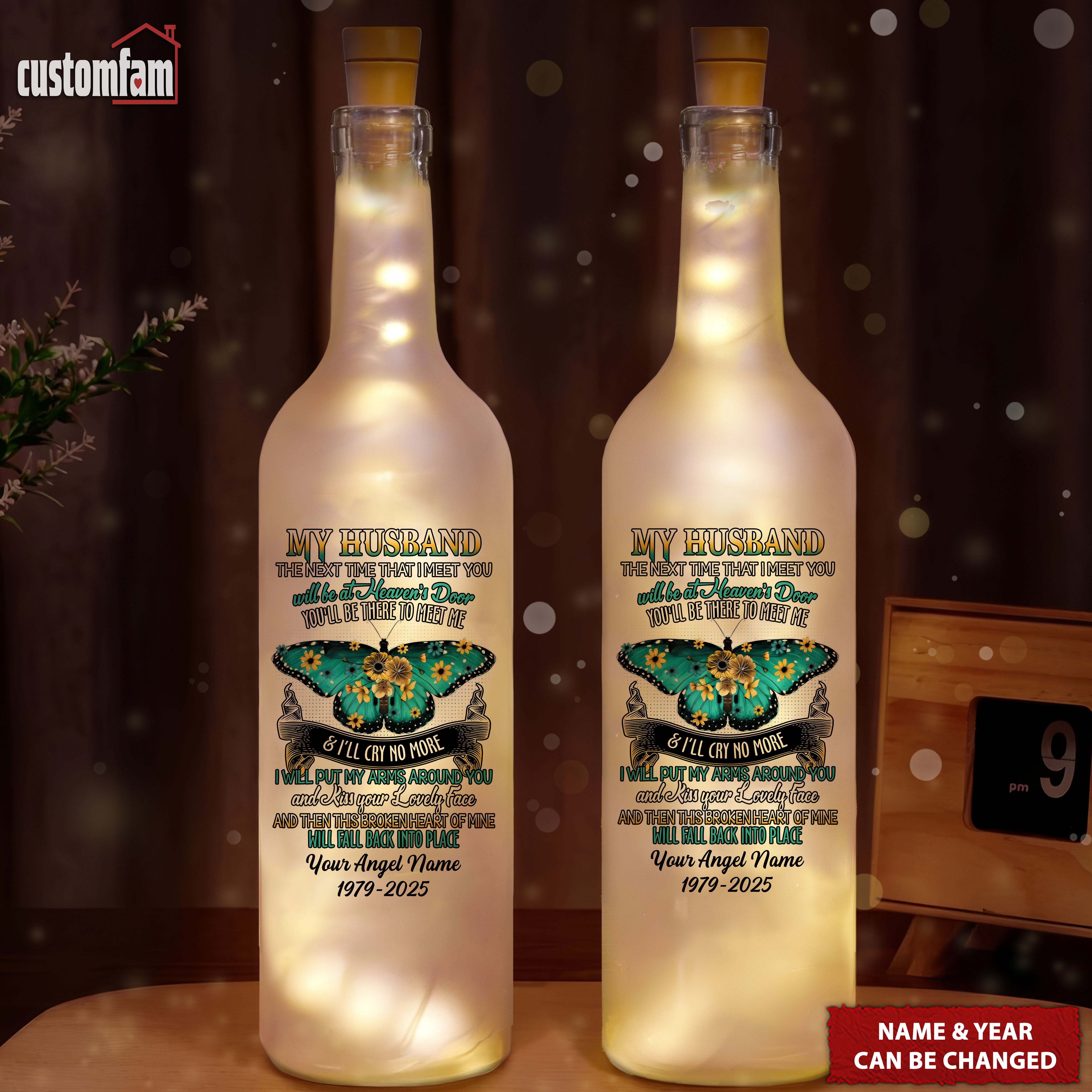 I Will Meet My Husband At Heaven Door Personalized Memorial Bottle Lamp, Wine Bottle Lights, Gifts For Lost Loved Ones