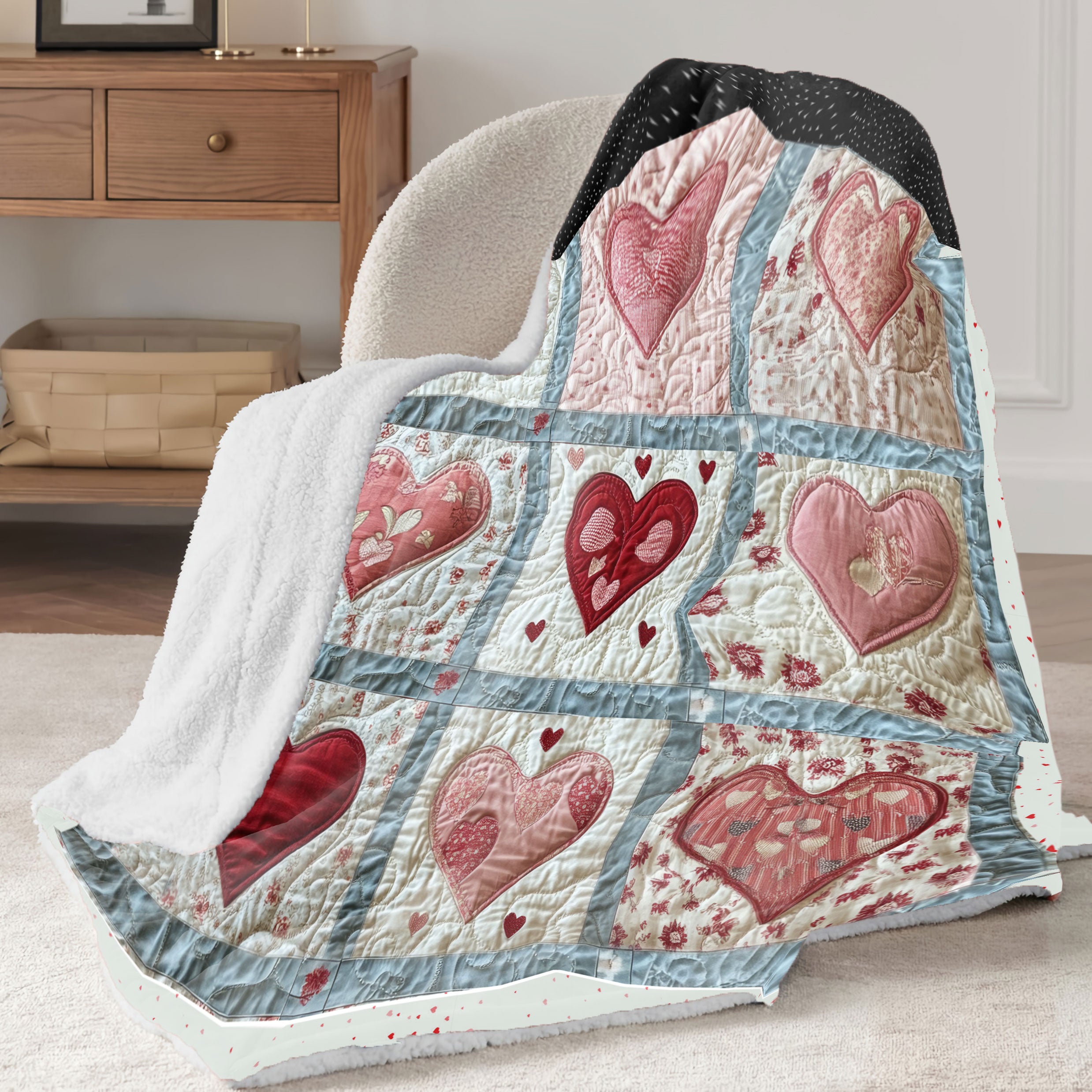 Vintage Patch Heart Sherpa Blanket, Mom Blanket, Mothers Day Gift