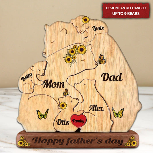 Custom Engraved Wooden Bears Family Sunflower Puzzle, Family Puzzle with Engraved Stand Keepsake Home Decor for Father/Mother's Day Gift