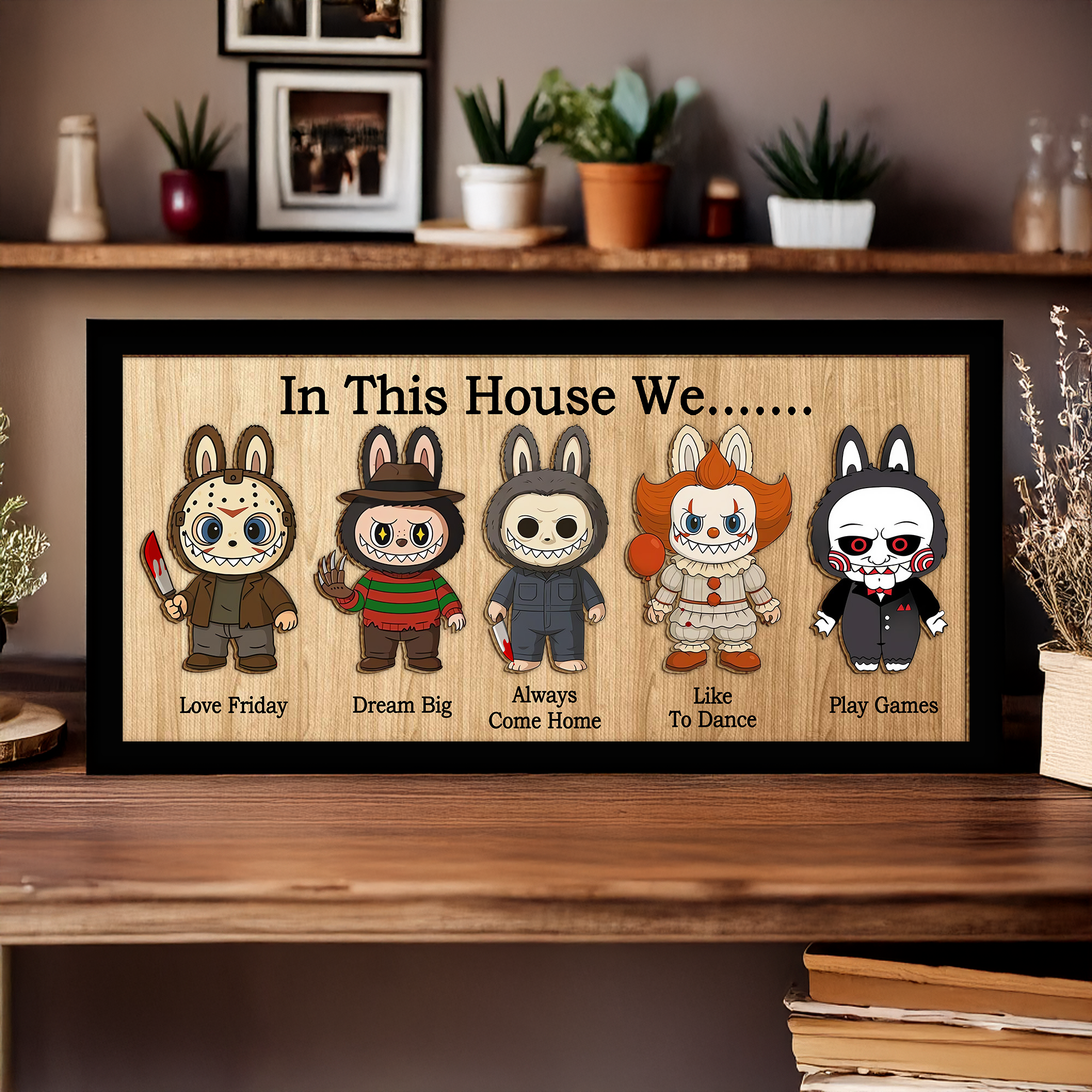 In This House We, Labubu Monster, Labubu Halloween, Horror Movie Characters, Halloween Wood Sign, Halloween Decor