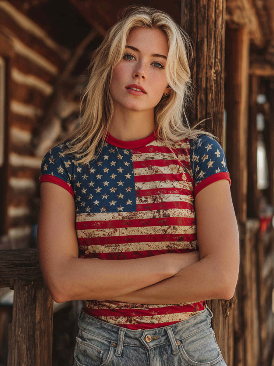USA 250th Anniversary Patriotic Polo Women's Legacy Anniversary Flag Inspired Print Vintage T-Shirt 4th Of July Shirt