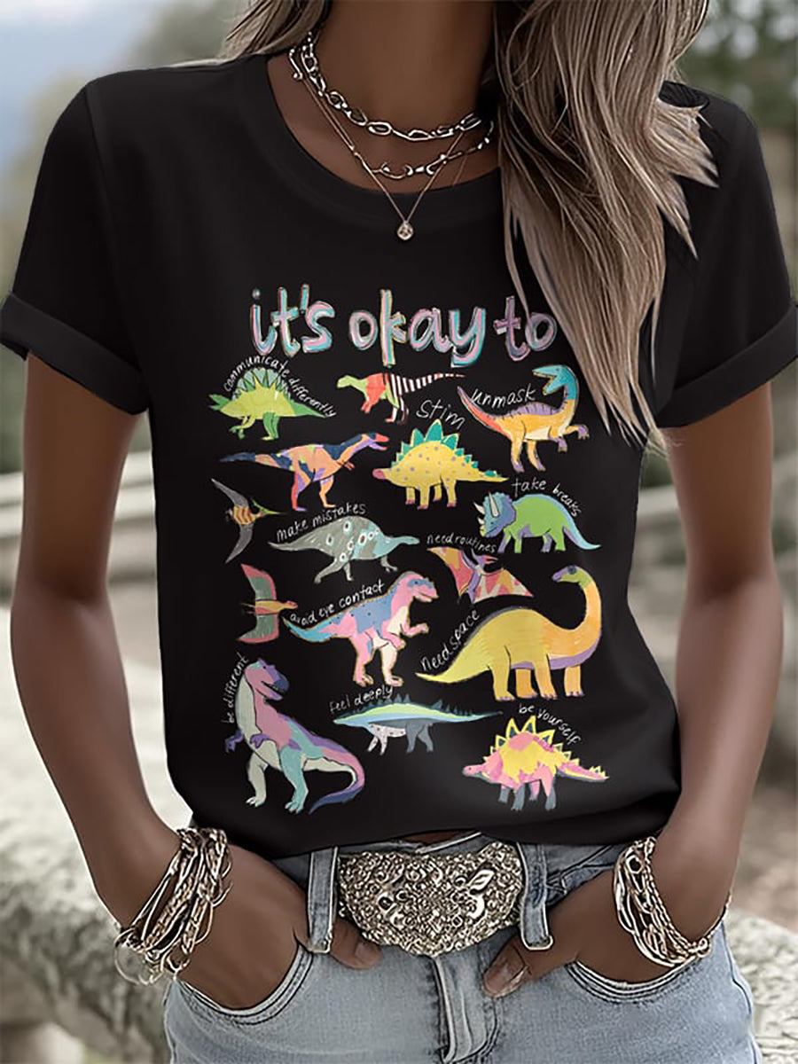Women's It’s Ok To Be Different Autism Dinosaur Printed t-shirt, Autism Awareness Shirt, Autistic Gifts For Adults