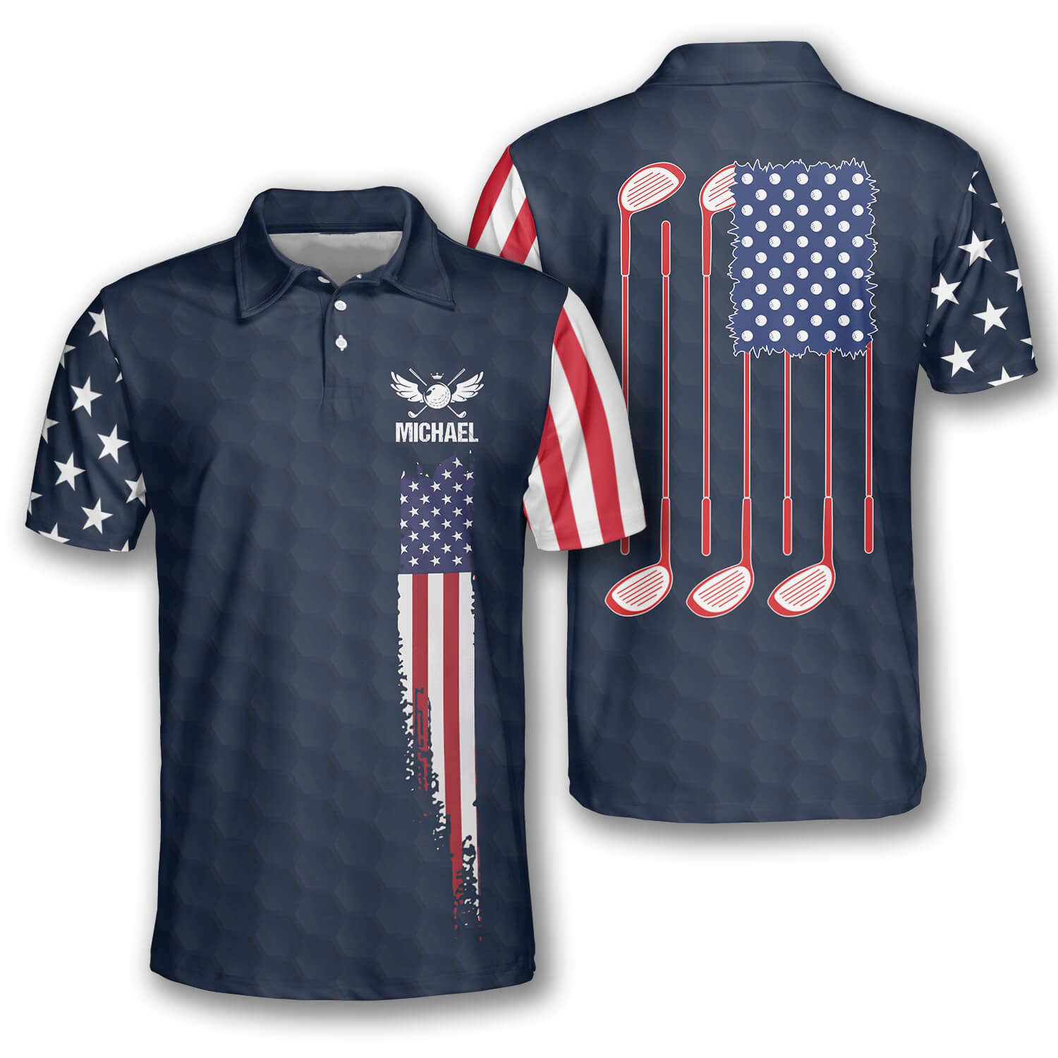 American Flag Navy Custom Golf Polo Shirts for Men, Long Sleeve Golf Shirts, Golf Lovers Gift