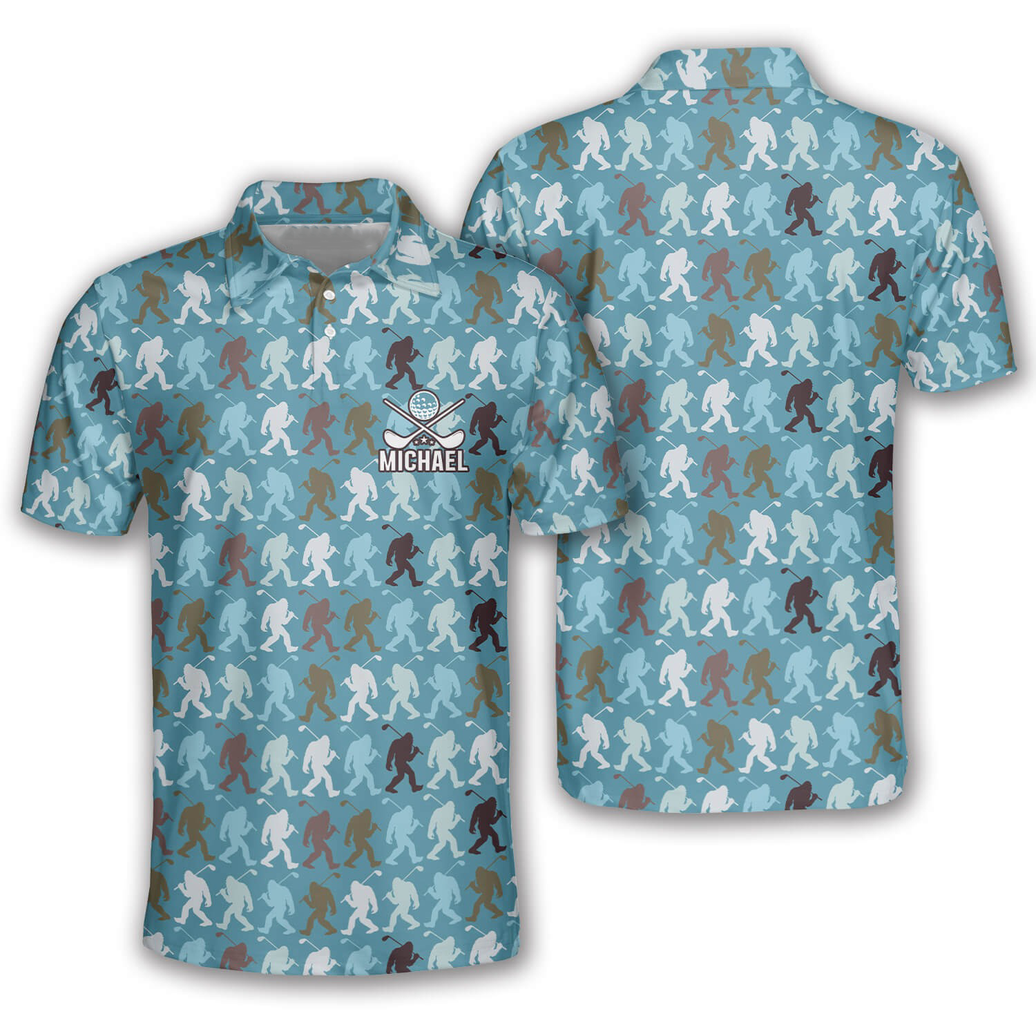 Bigfoot Golf Pattern Custom Golf Polo Shirts For Men, Long Sleeve Golf Shirts, Golf Lovers Gift