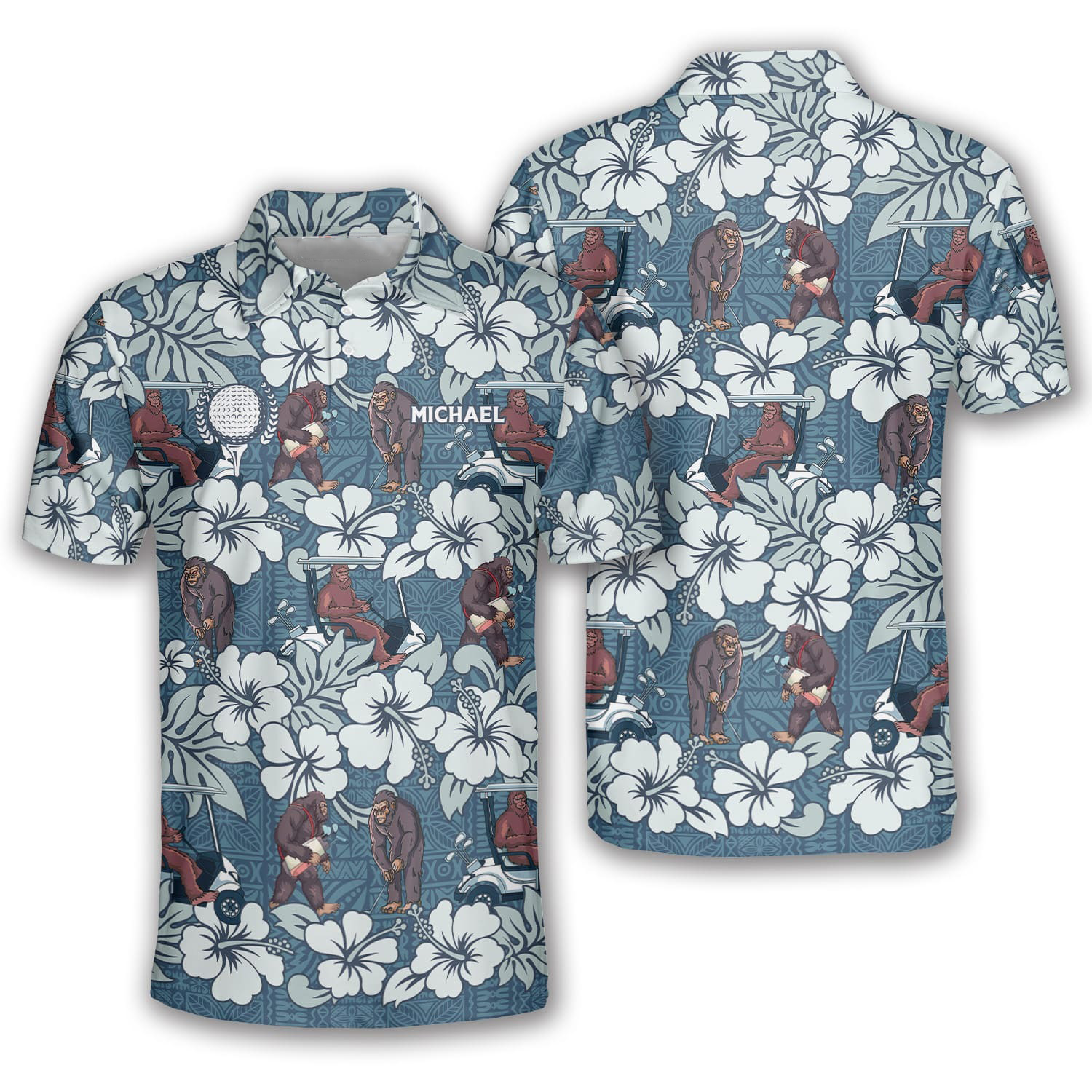 Bigfoot Hibiscus Pattern Custom Golf Polo Shirts For Men, Long Sleeve Golf Shirts, Golf Lovers Gift