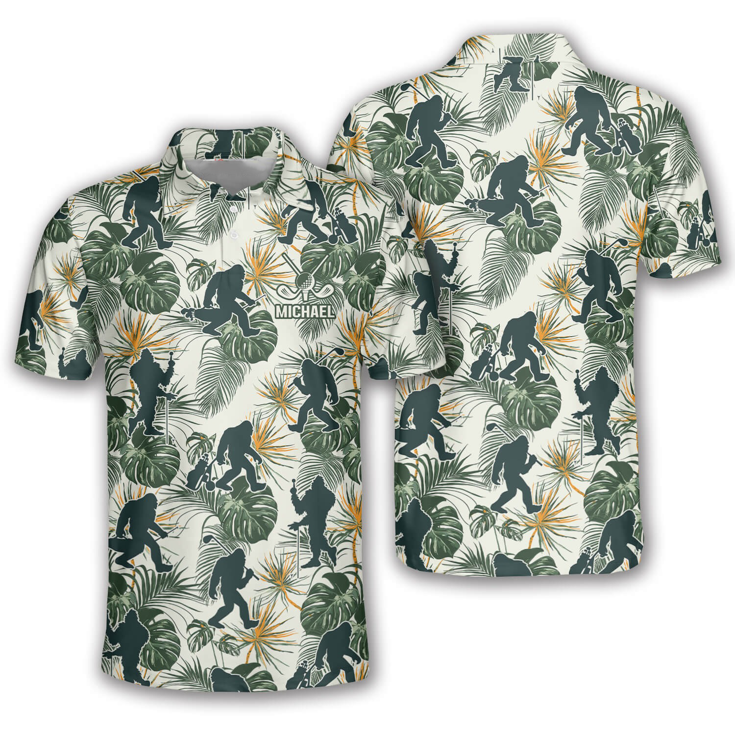 Bigfoot Tropical Pattern Custom Golf Polo Shirts For Men, Long Sleeve Golf Shirts, Golf Lovers Gift