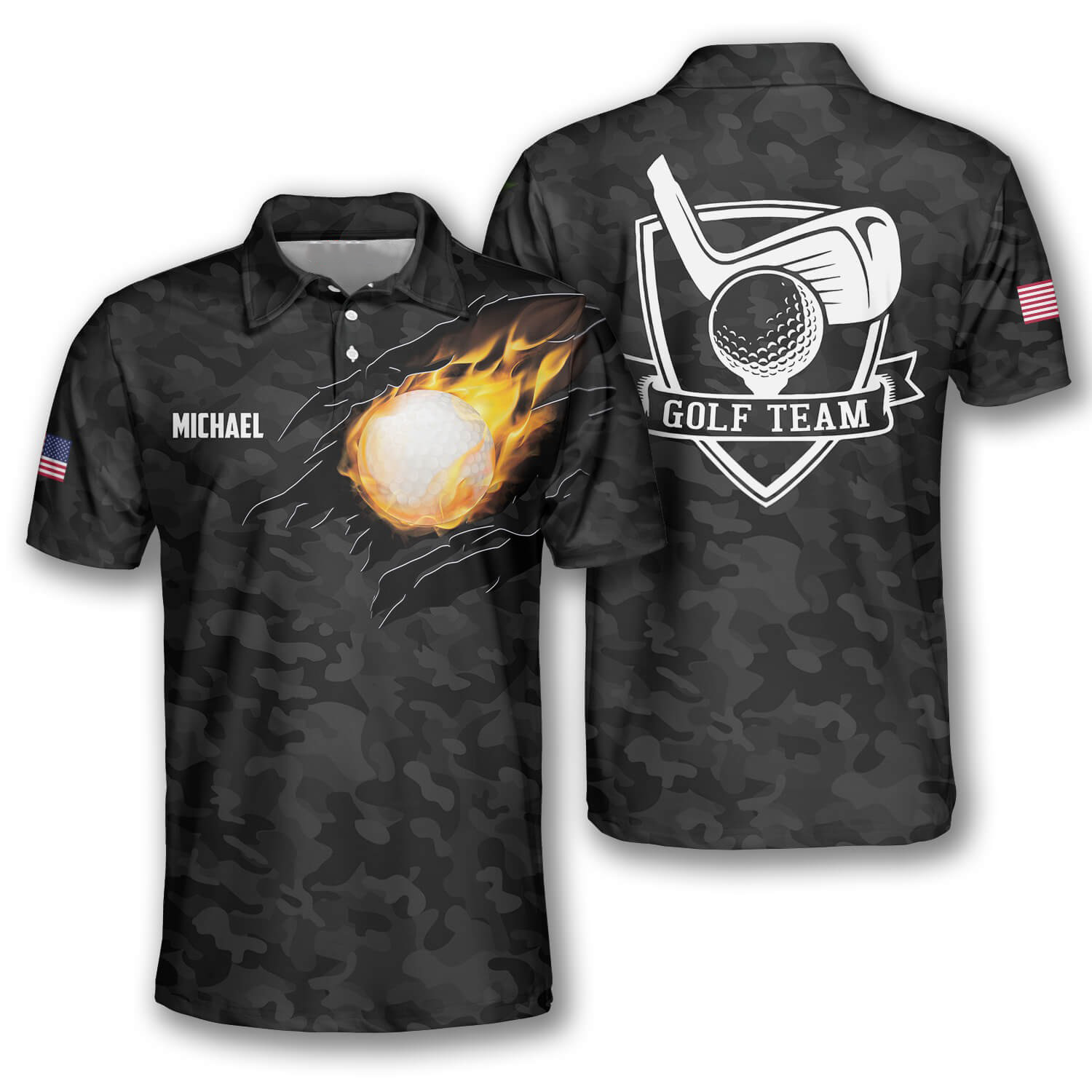 Black Camouflage Custom Golf Polo Shirts for Men, Long Sleeve Golf Shirts, Golf Lovers Gift
