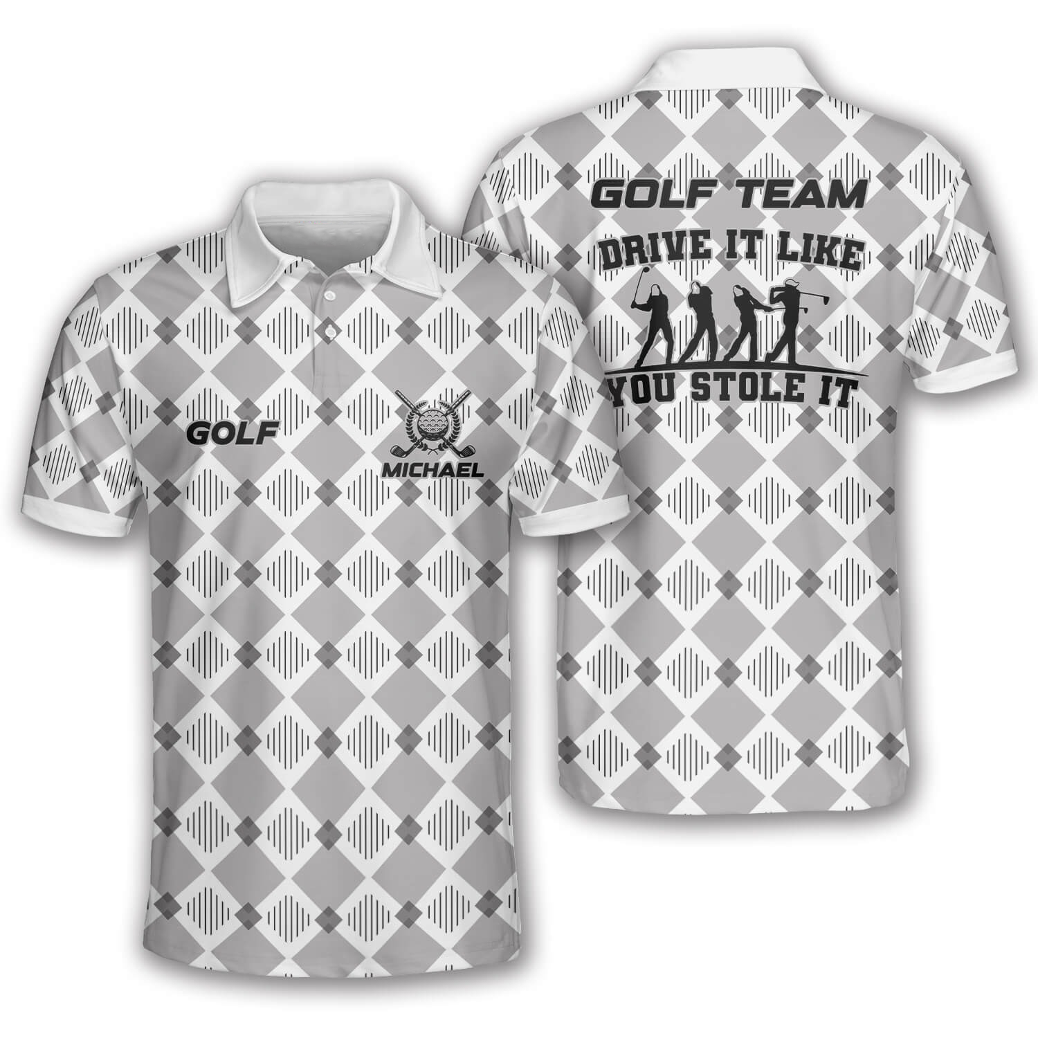 Black White Geomatric Pattern Custom Golf Polo Shirts For Men, Long Sleeve Golf Shirts, Golf Lovers Gift