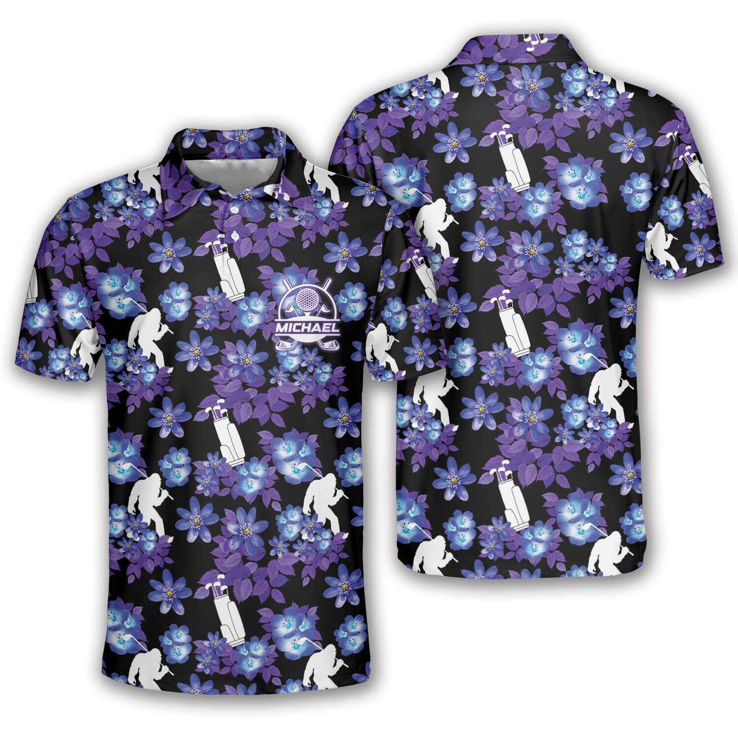 Blue Floral Custom Golf Polo Shirts For Men, Long Sleeve Golf Shirts, Golf Lovers Gift