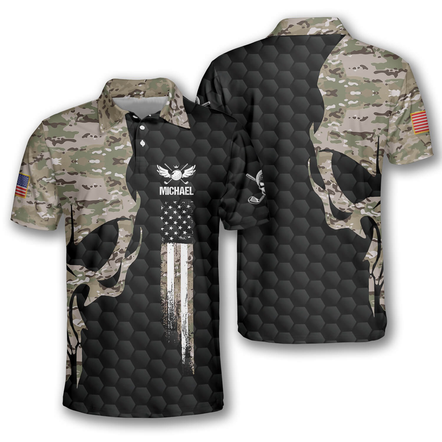 Golf Skull Camouflage Custom Golf Polo Shirts for Men, Long Sleeve Golf Shirts, Golf Lovers Gift