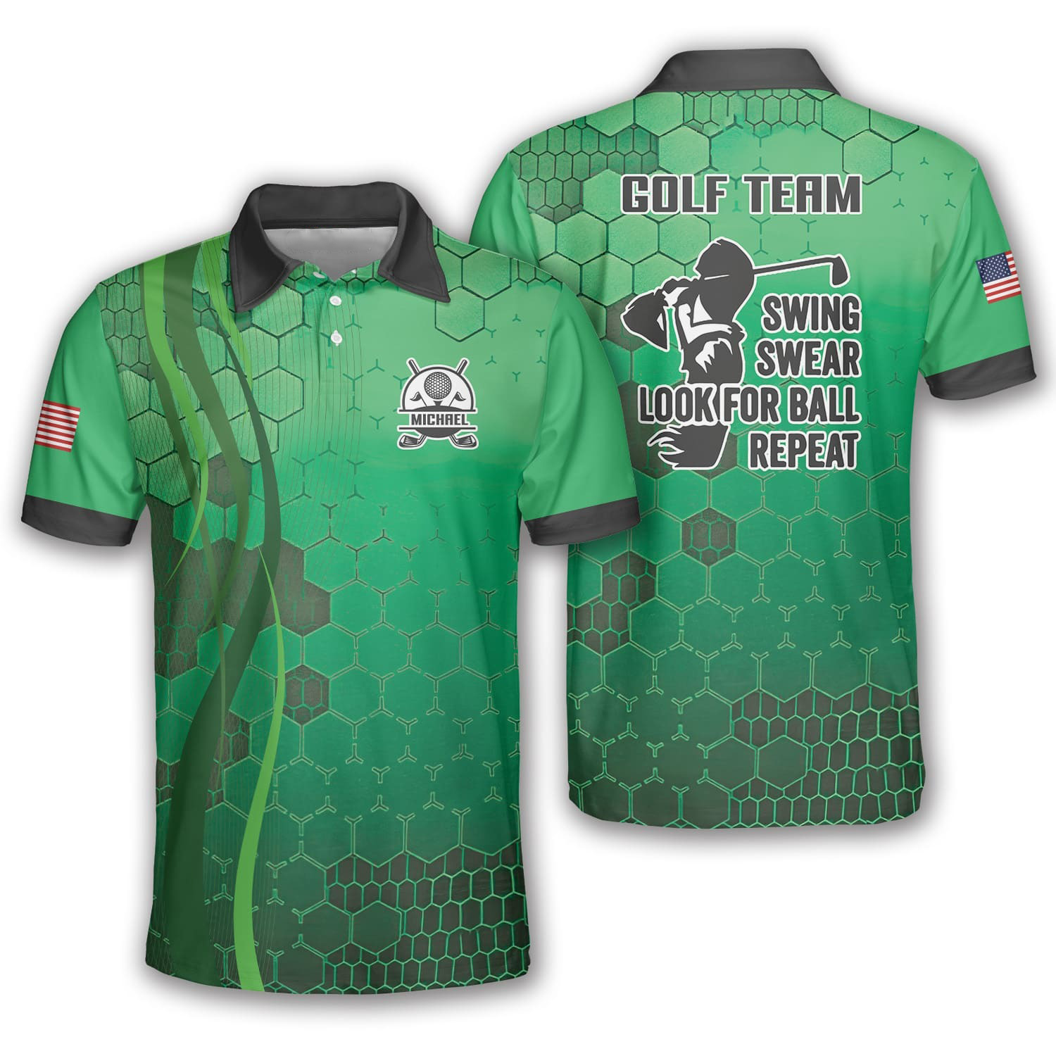 Green Abstract Hive Pattern Custom Golf Polo Shirts For Men, Long Sleeve Golf Shirts, Golf Lovers Gift