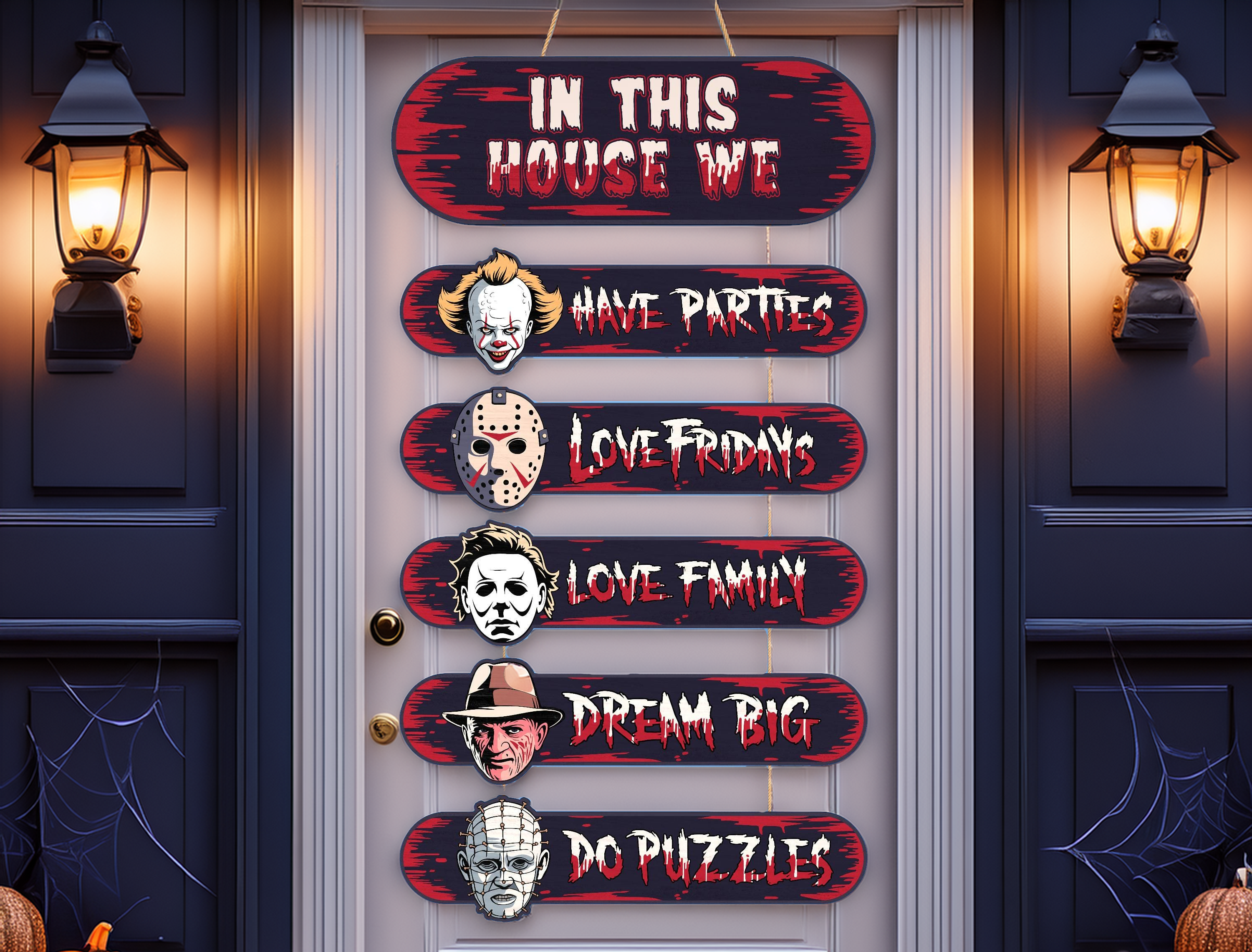 Horror House, Welcome Door Sign, Halloween Door Hanger, Creepy Halloween Characters, Halloween Decorations