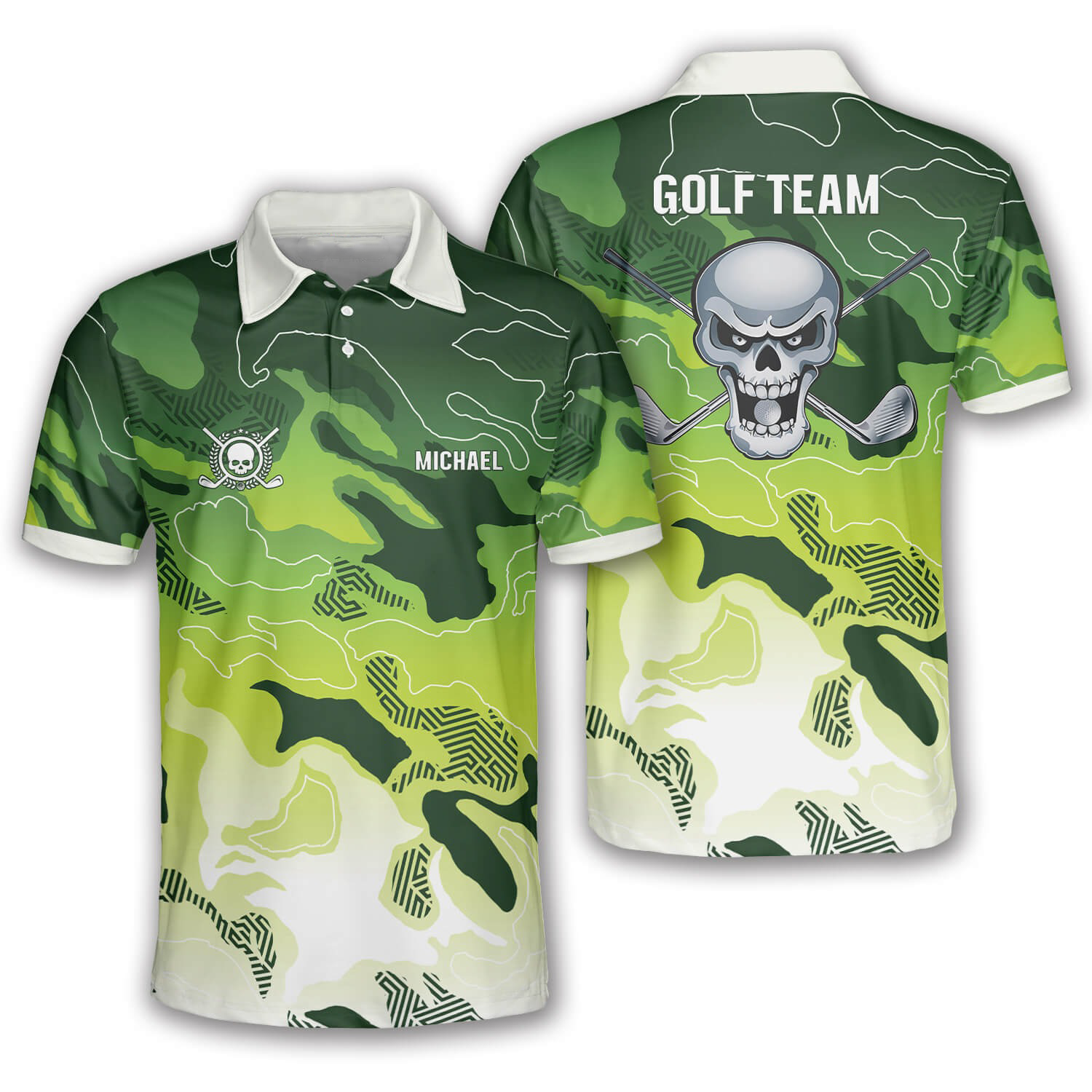 Green Camo Skull Custom Golf Polo Shirts For Men, Long Sleeve Golf Shirts, Golf Lovers Gift