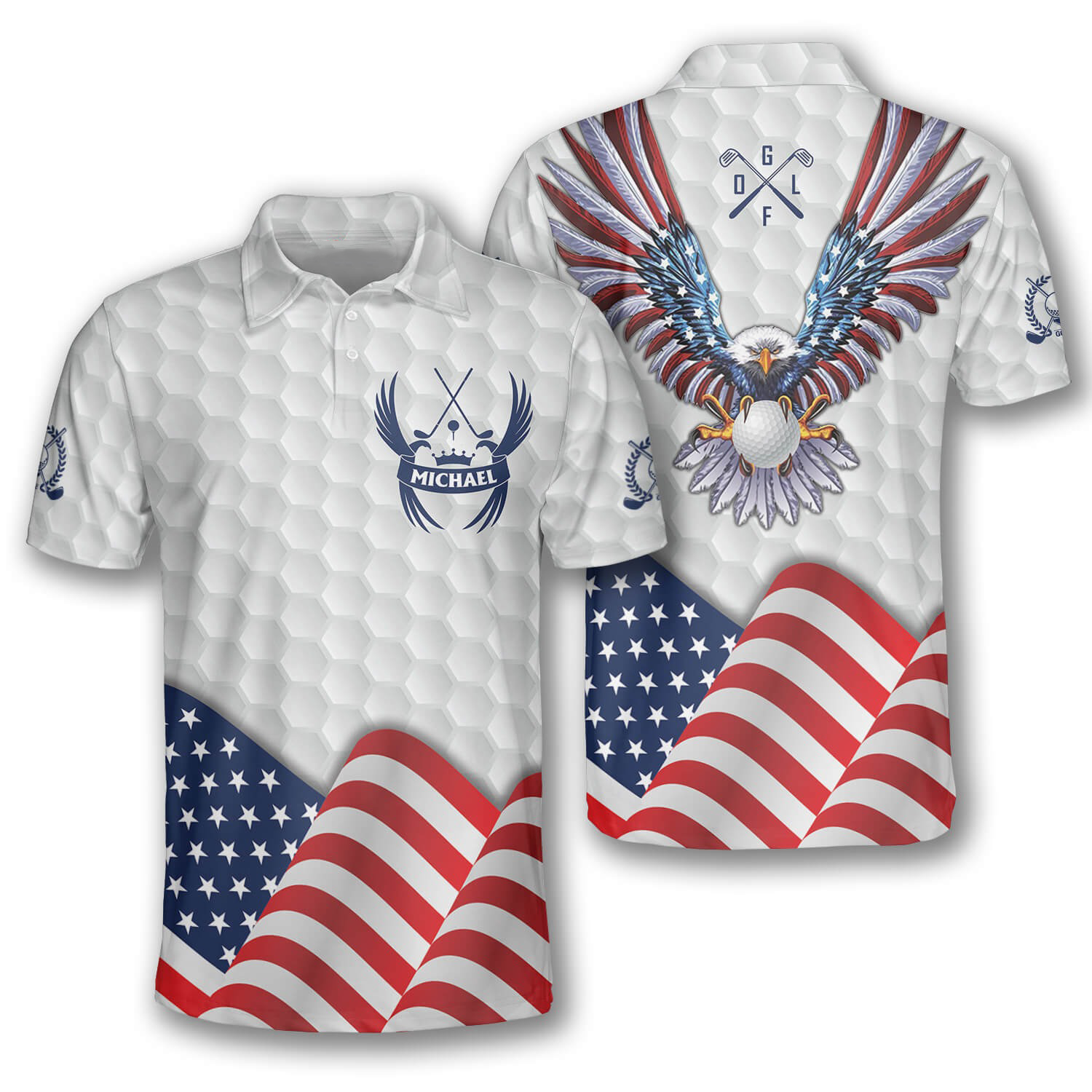 Eagle Waving Flag White Version Custom Golf Polo Shirts for Men, Long Sleeve Golf Shirts, Golf Lovers Gift