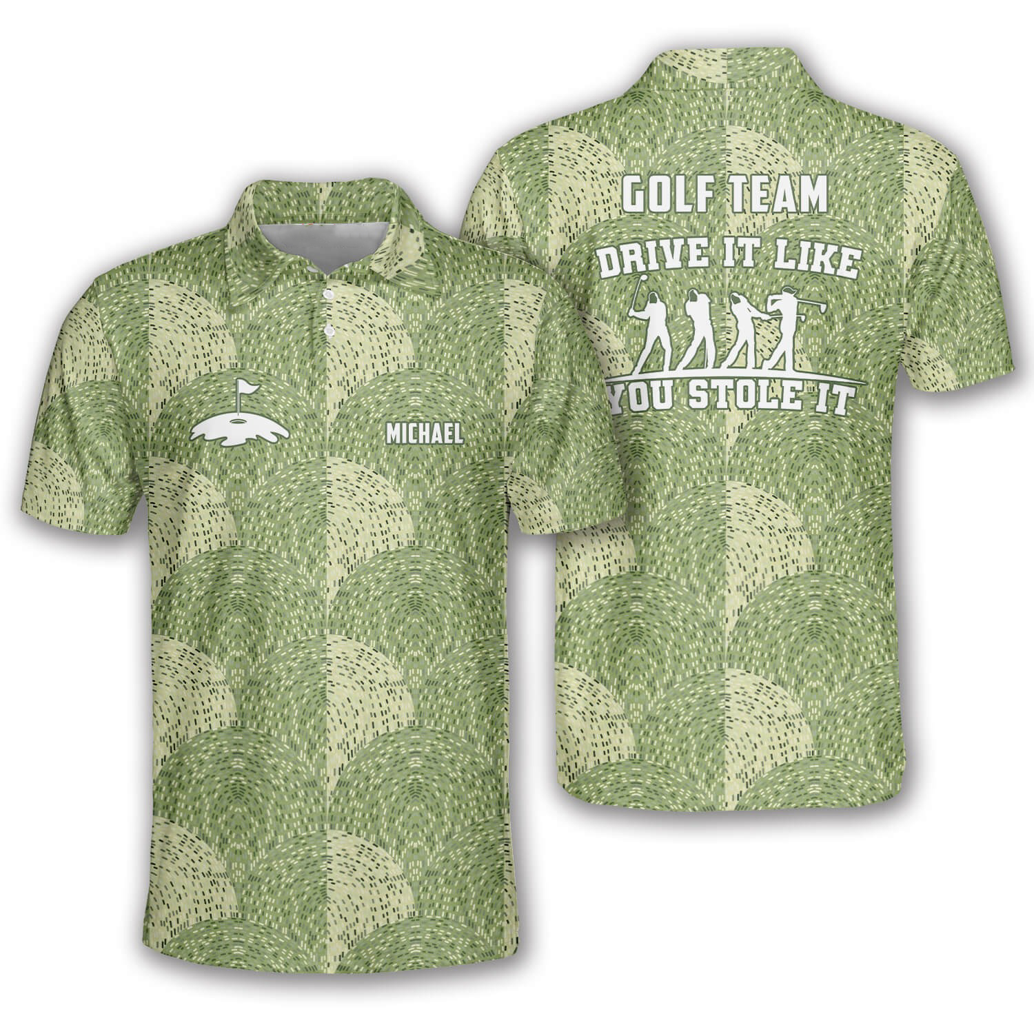 Green Dash Lines Custom Golf Polo Shirts For Men, Long Sleeve Golf Shirts, Golf Lovers Gift