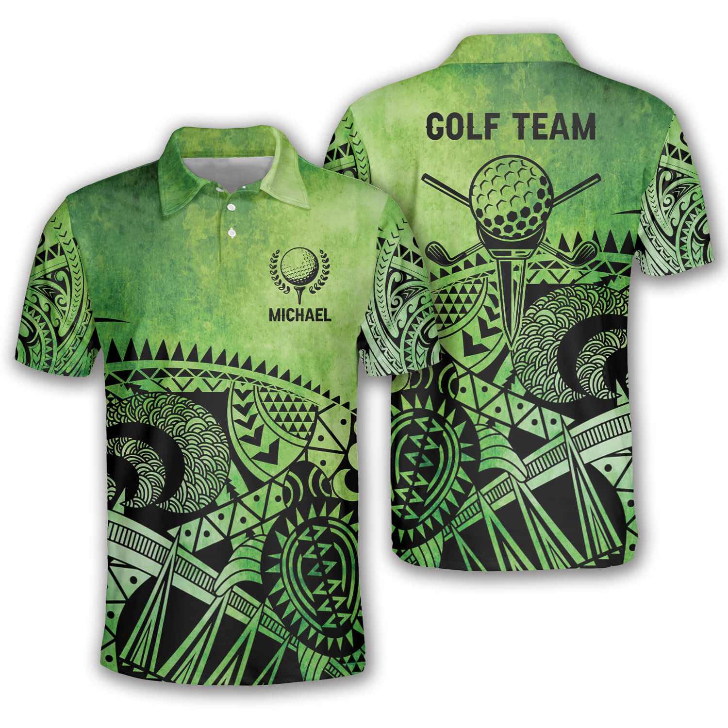 Green Tribal Custom Golf Polo Shirts For Men, Long Sleeve Golf Shirts, Golf Lovers Gift