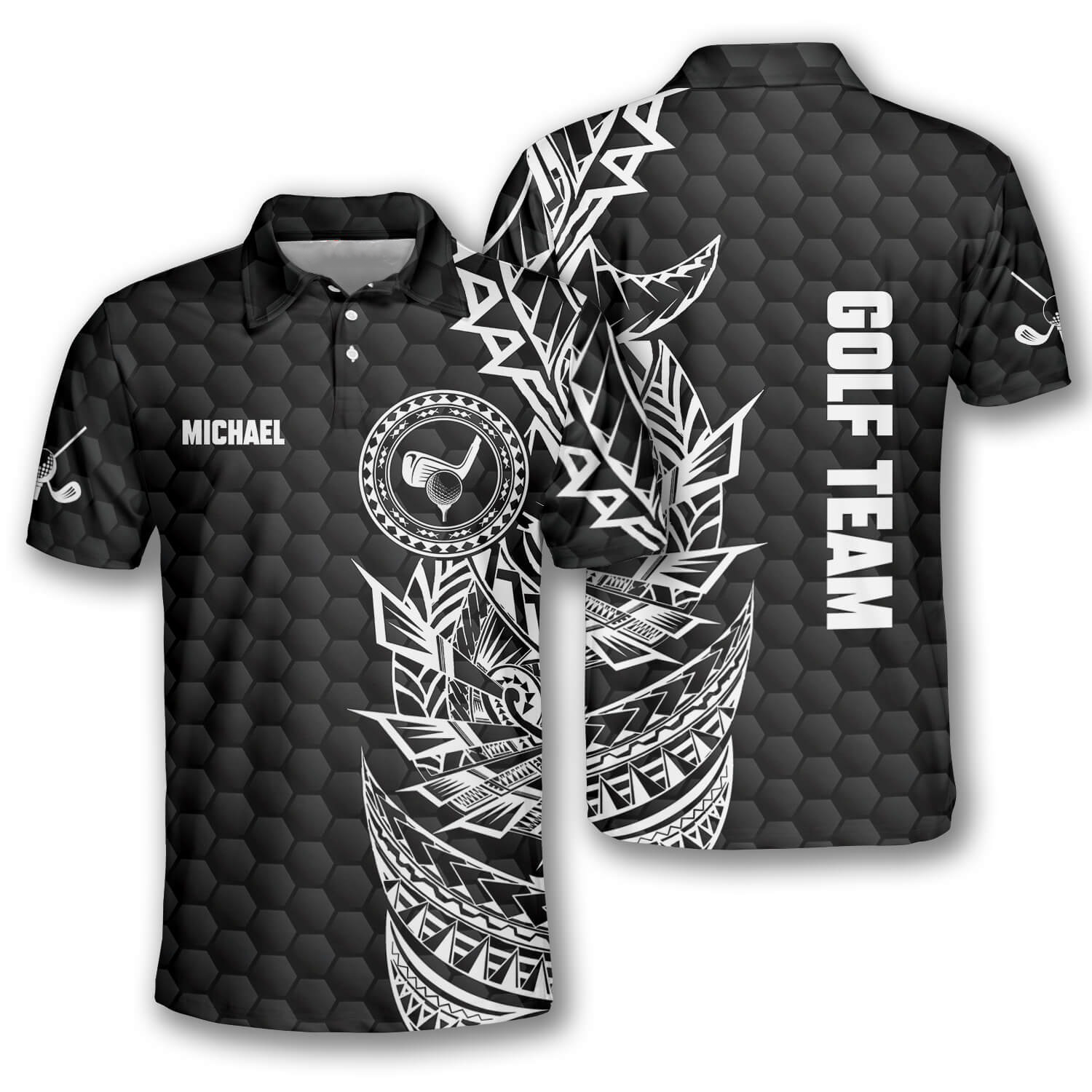 Golf Pattern Tribal Black Version Custom Golf Polo Shirts for Men, Long Sleeve Golf Shirts, Golf Lovers Gift