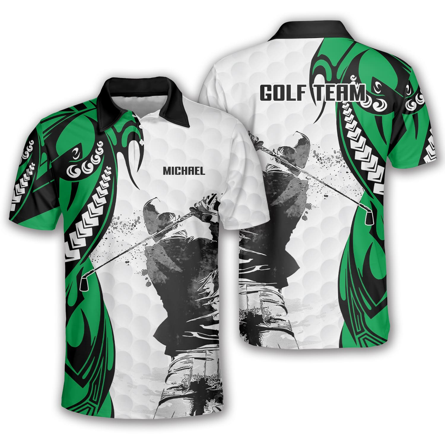 Green Tribal Pattern Custom Golf Polo Shirts For Men, Long Sleeve Golf Shirts, Golf Lovers Gift
