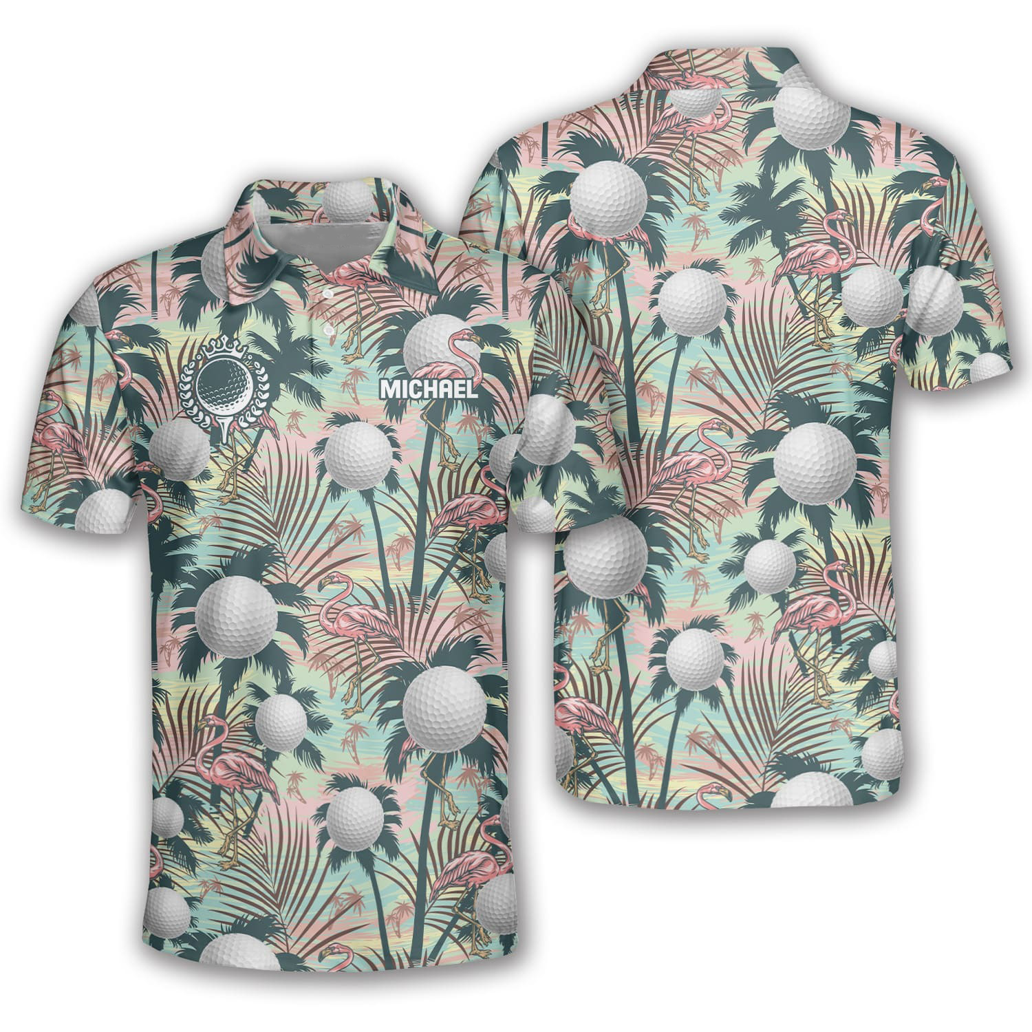 Palm Trees Flamingo Funny Custom Golf Polo Shirts For Men, Long Sleeve Golf Shirts, Golf Lovers Gift