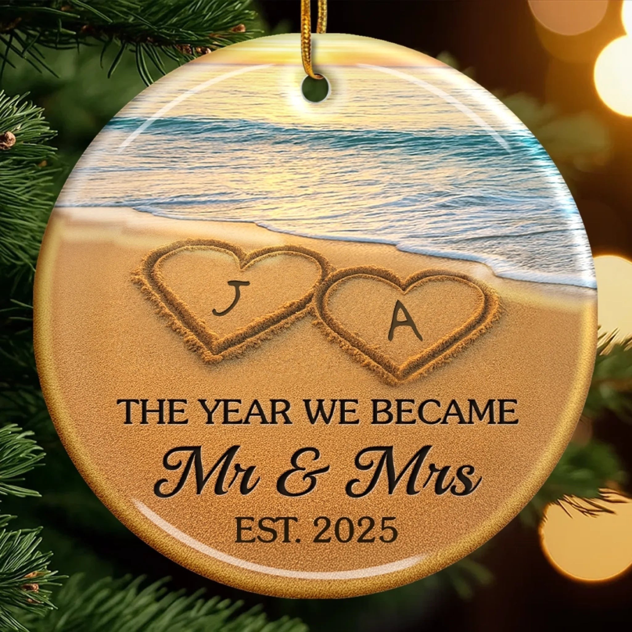 Ceramic Ornament - Custom Anniversary Christmas Wedding Gifts For Him And Her - Our Happily Ever After, Set In Sand