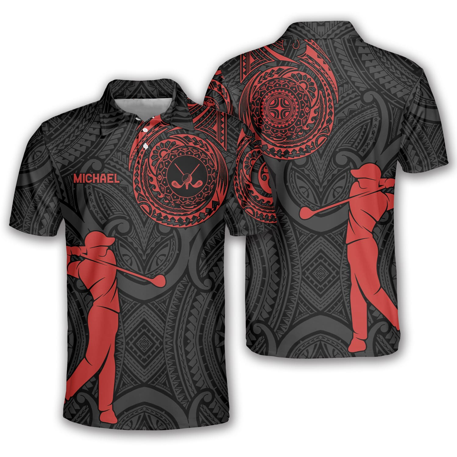 Perfect Swing Red Tribal Custom Golf Polo Shirts For Men, Long Sleeve Golf Shirts, Golf Lovers Gift