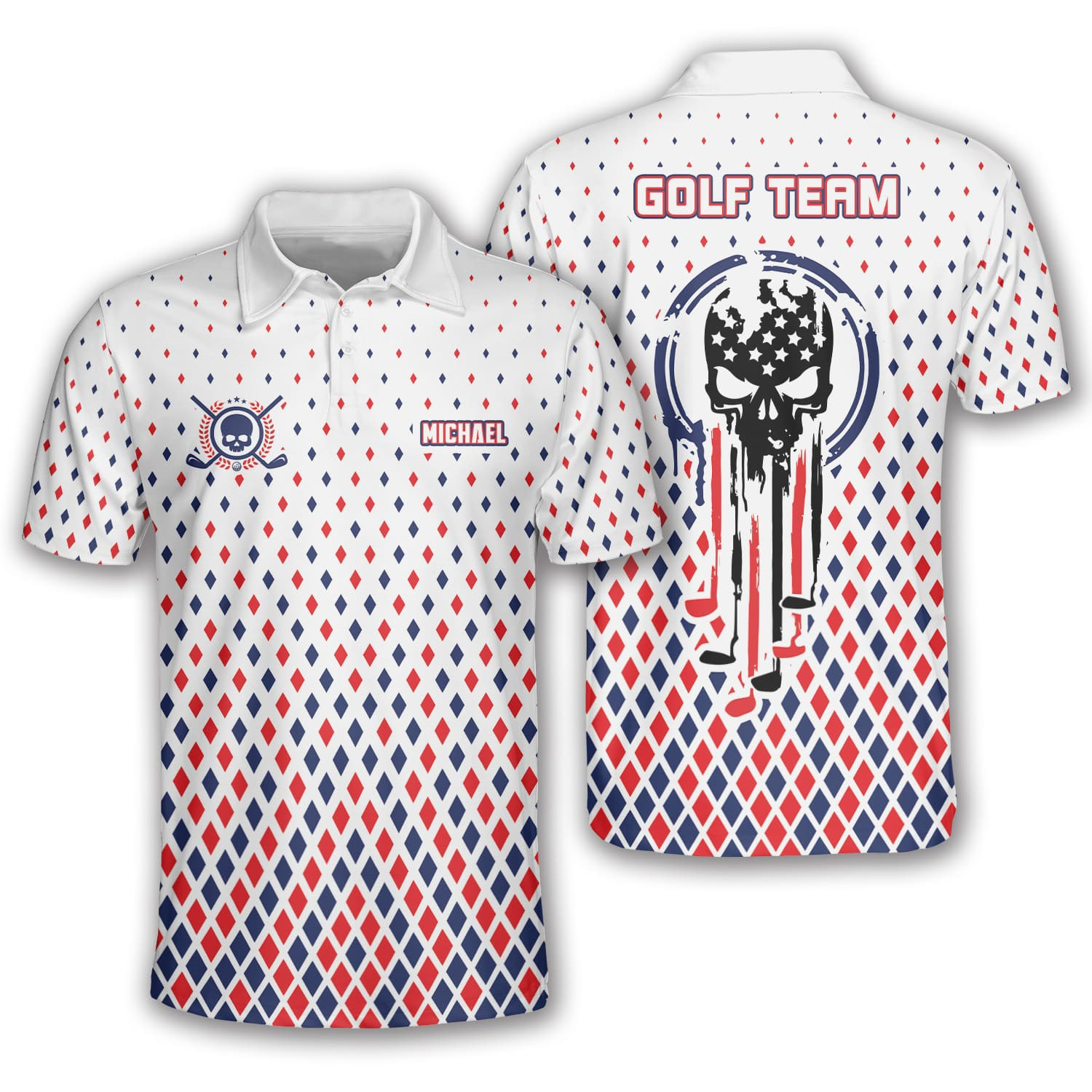 Skull USA Flag Custom Golf Polo Shirts For Men, Long Sleeve Golf Shirts, Golf Lovers Gift
