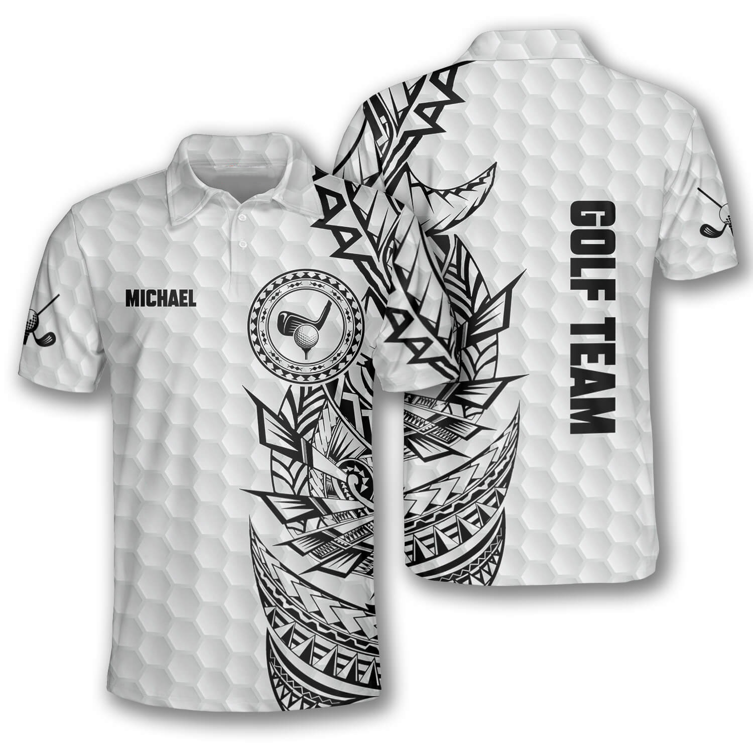 Golf Pattern Tribal White Version Custom Golf Polo Shirts for Men, Long Sleeve Golf Shirts, Golf Lovers Gift