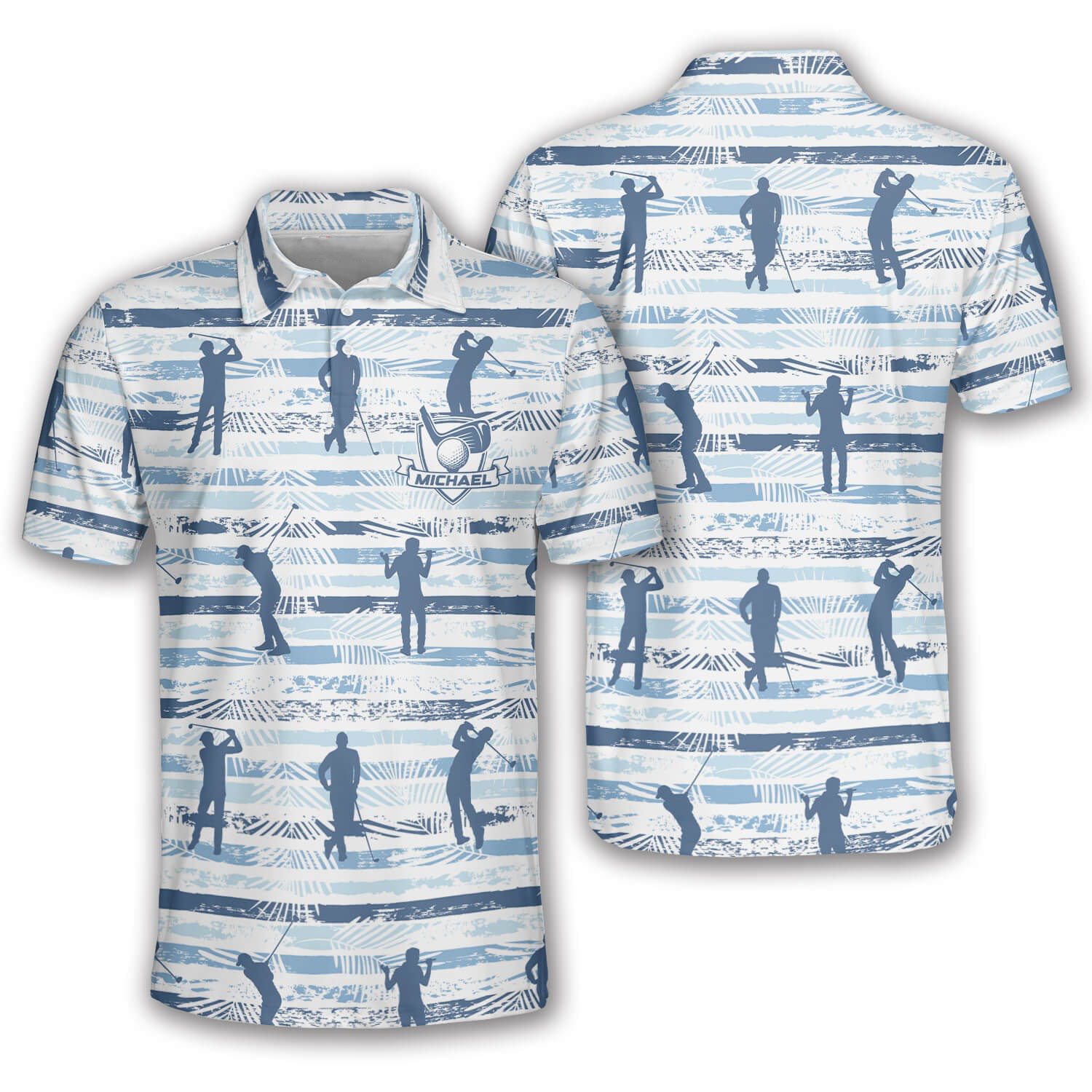 Blue Stripe Palm Leaves Custom Golf Polo Shirts For Men, Long Sleeve Golf Shirts, Golf Lovers Gift