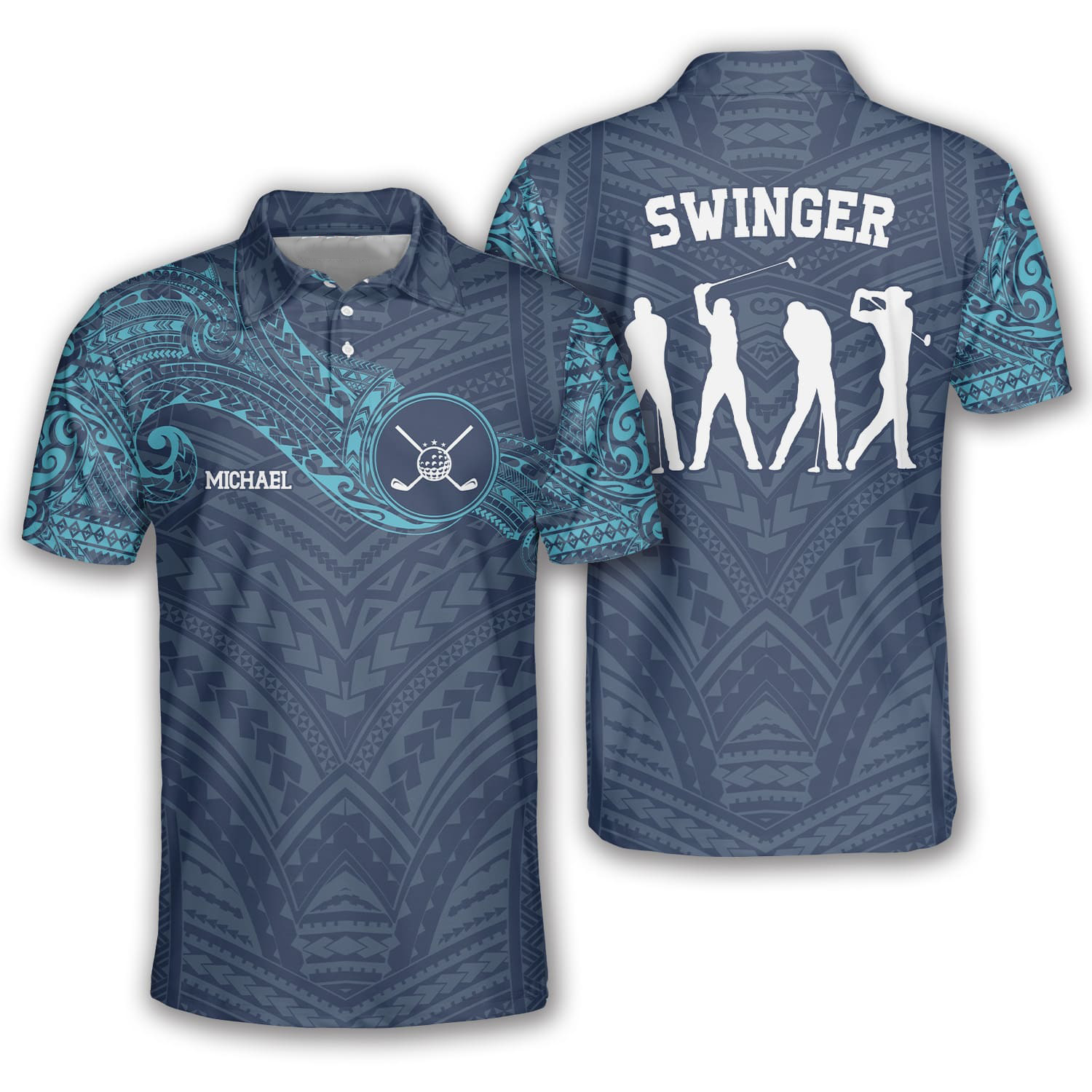 Classy Blue Tribal Custom Golf Polo Shirts For Men, Long Sleeve Golf Shirts, Golf Lovers Gift