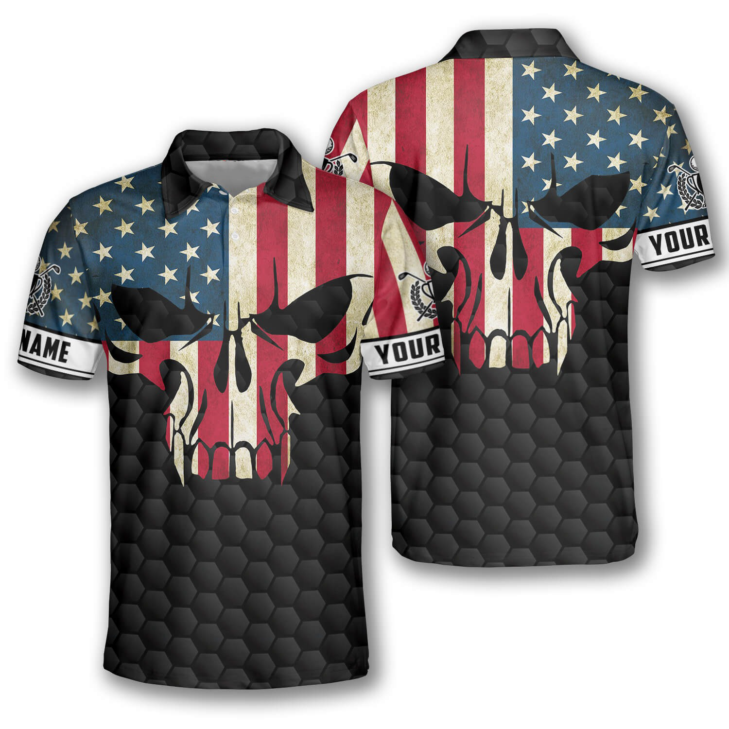 Golf Skull American Flag Custom Golf Polo Shirts for Men, Long Sleeve Golf Shirts, Golf Lovers Gift