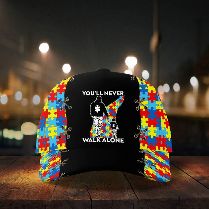 Dad and Son, You'll Never Walk Alone, Puzzle Awareness Baseball Cap