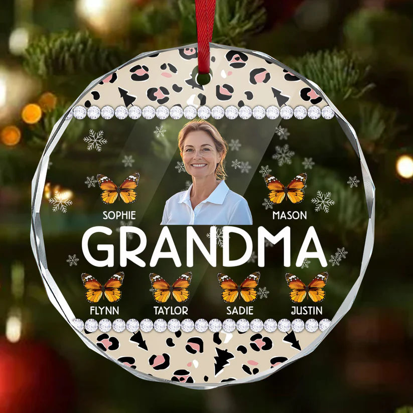 Grandma And Kids Christmas Glass Ornament, Personalized Christmas Gift
