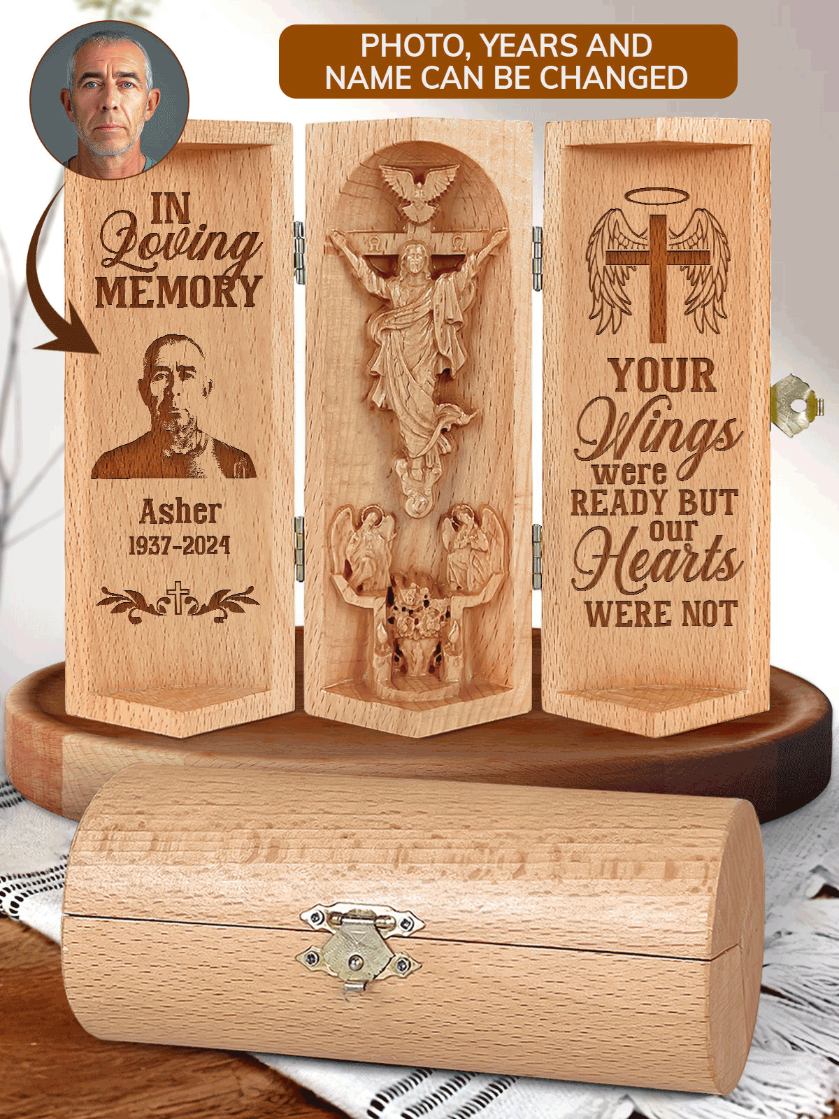 In Loving Memory, Personalized Openable Wooden Cylinder Sculpture of Jesus Christ, Christ Decor