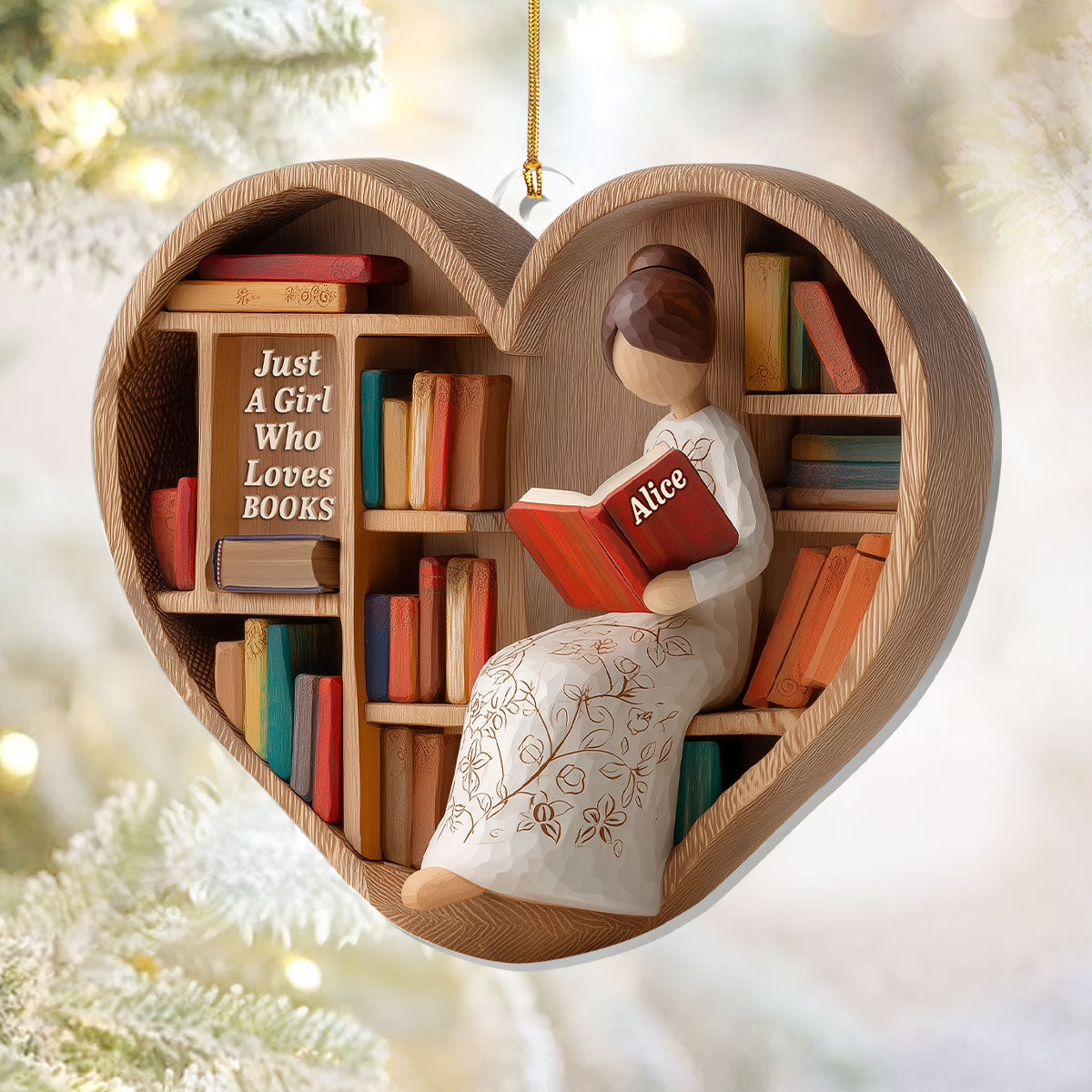 Books Lover On Heart Bookshelf Acrylic Ornament, Book Christmas Ornaments, Gift For Reader