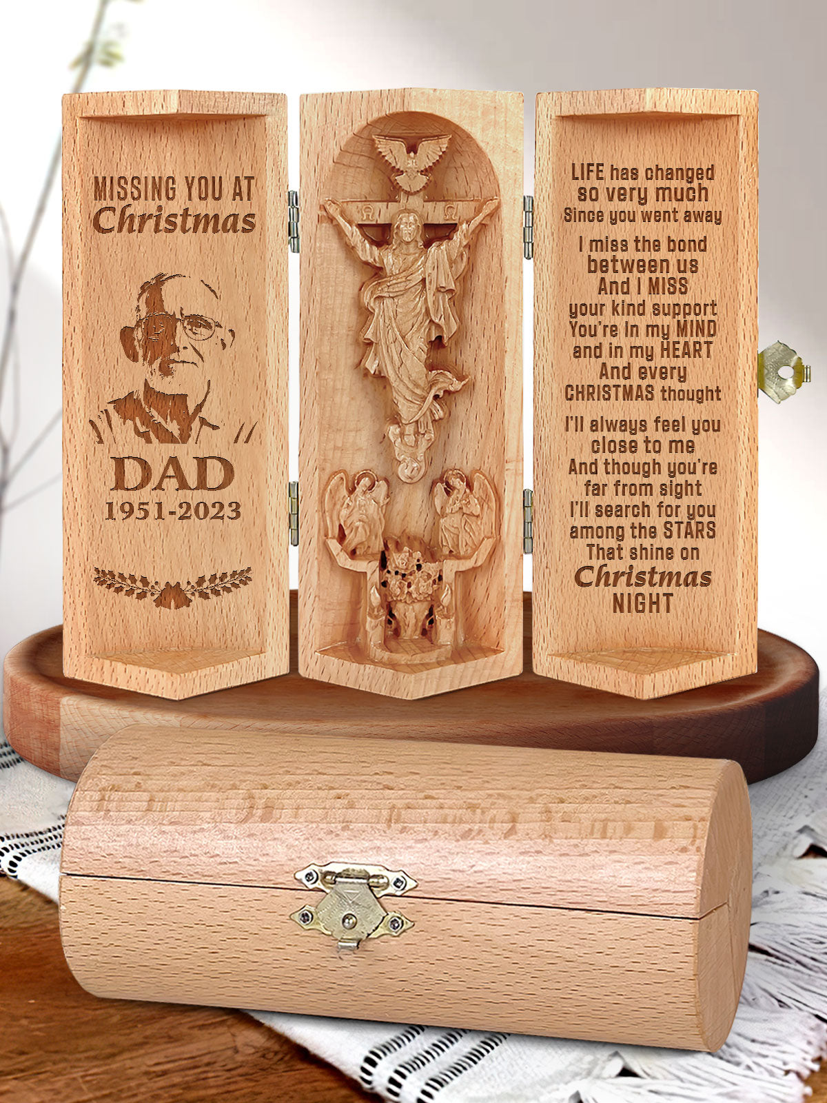 In Loving Memory, Christmas In Heaven, Personalized Openable Wooden Cylinder Sculpture of Jesus Christ, Christ Decor