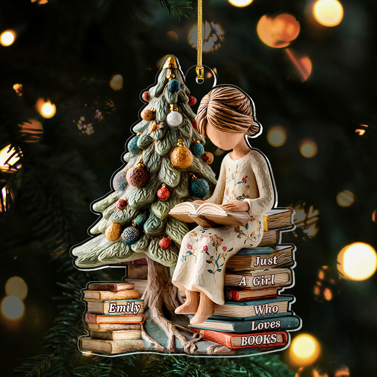 Just A Girl Who Loves Books Christmas Pine Tree Acrylic Ornament, Xmas Decor, Custom Name Gifts For Readers