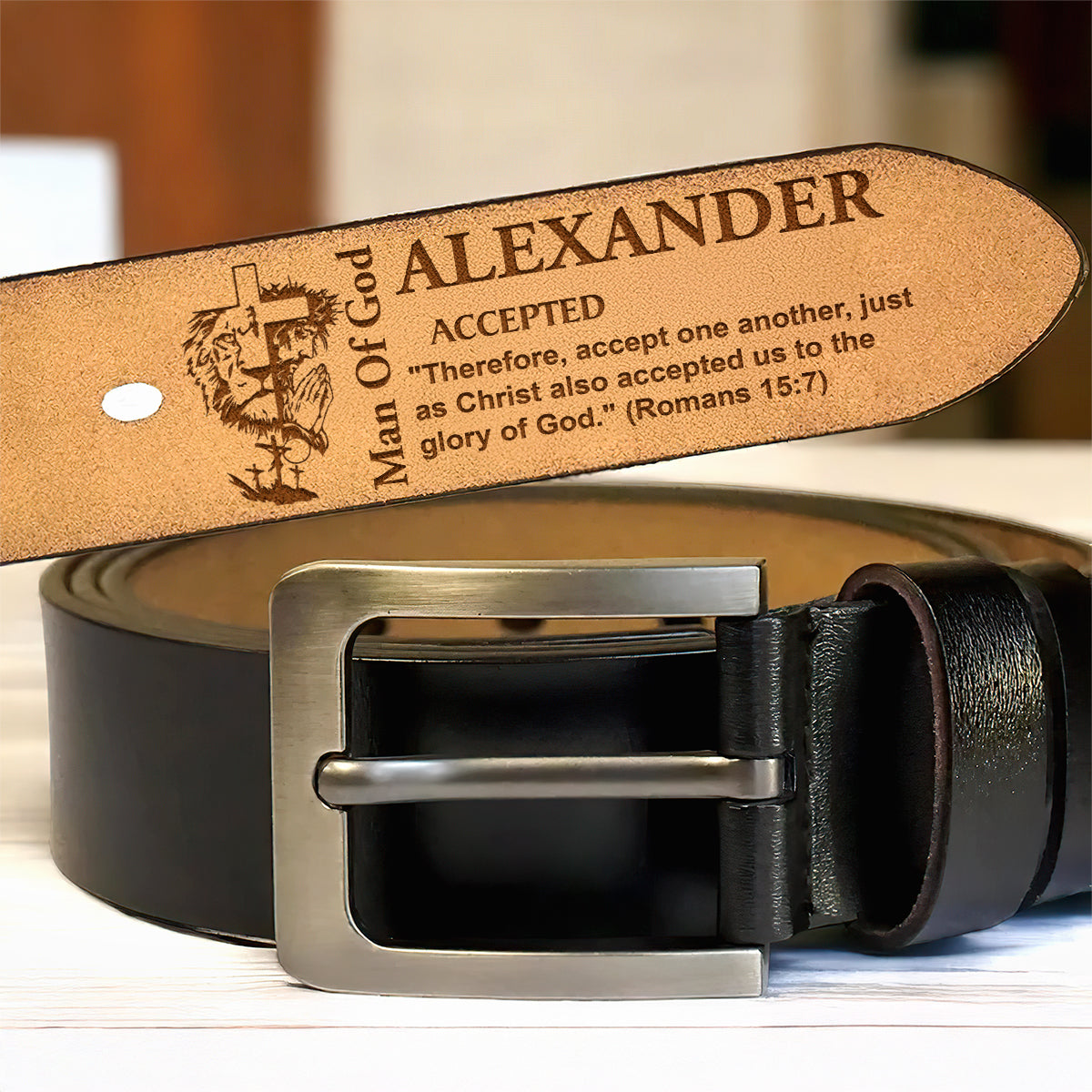 Man Of God Personalized Engraved Mens Leather Belt, Belts For Him
