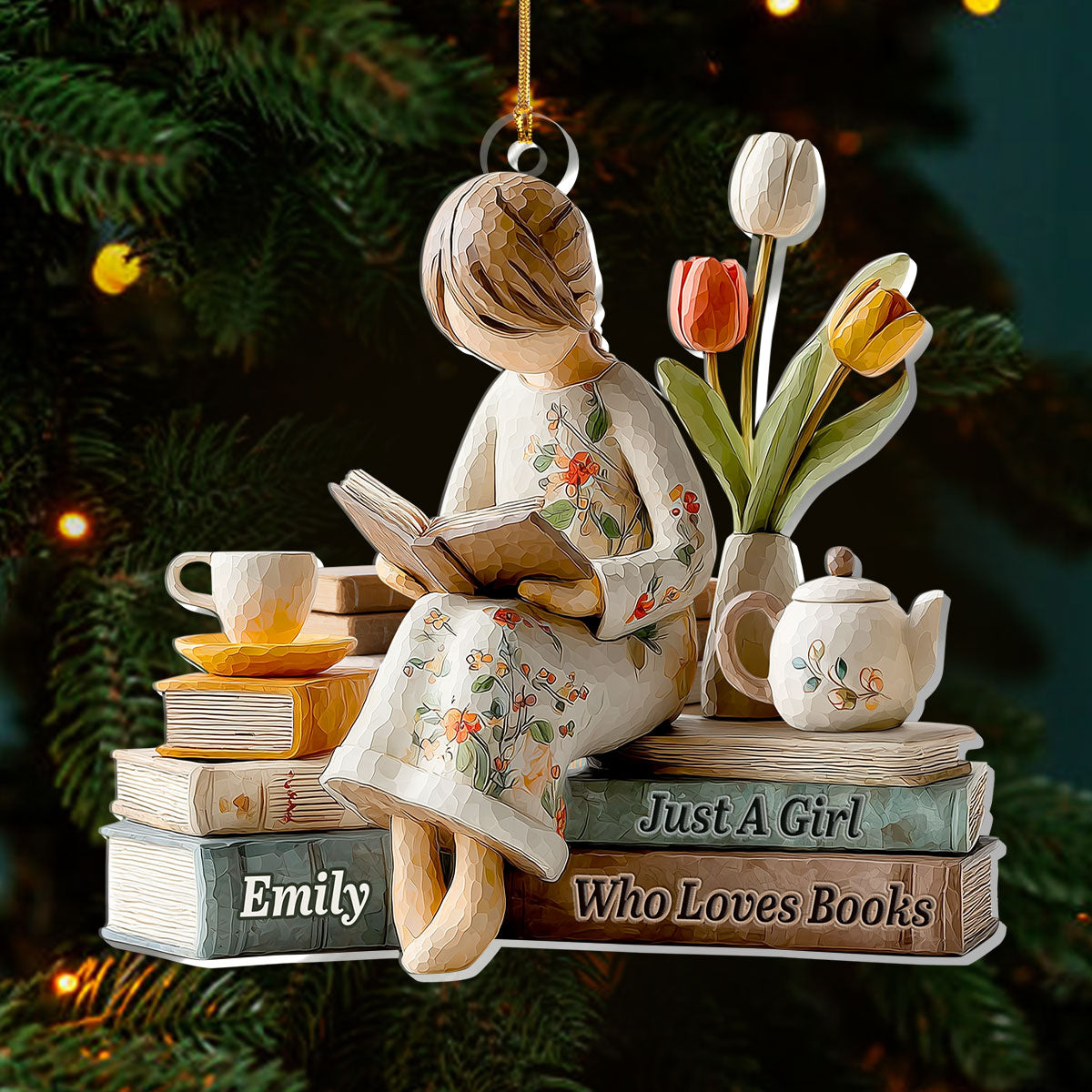 Just A Girl Who Loves Books Christmas Keychain, Custom Name Acrylic Ornament, Xmas Decor, Gifts For Readers