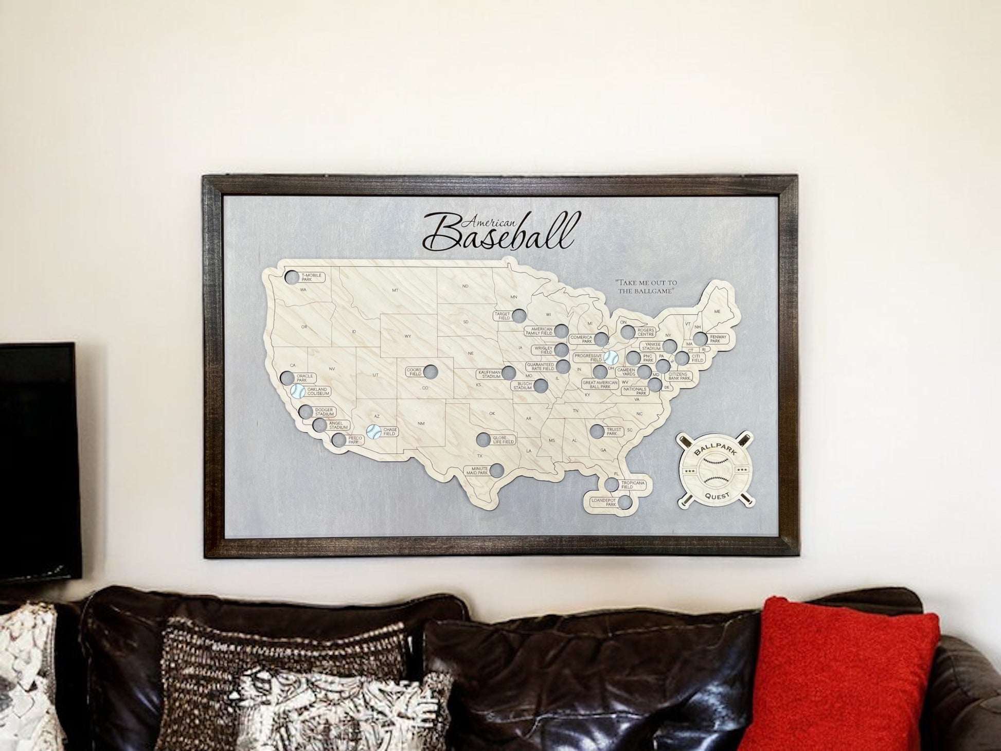 American Baseball Personalized Wooden Baseball Stadium Travel Map, Gifts For Baseball Lovers