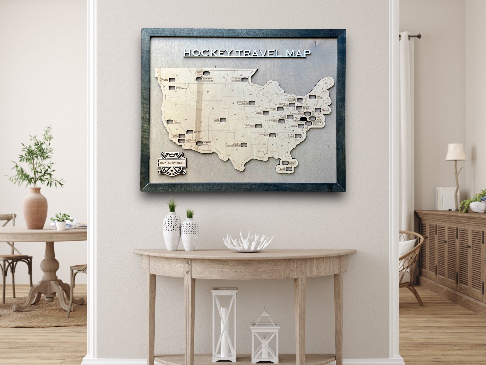 Personalized Hockey Travel Map, Wooden Map Tracker, Gift For Hockey Fans