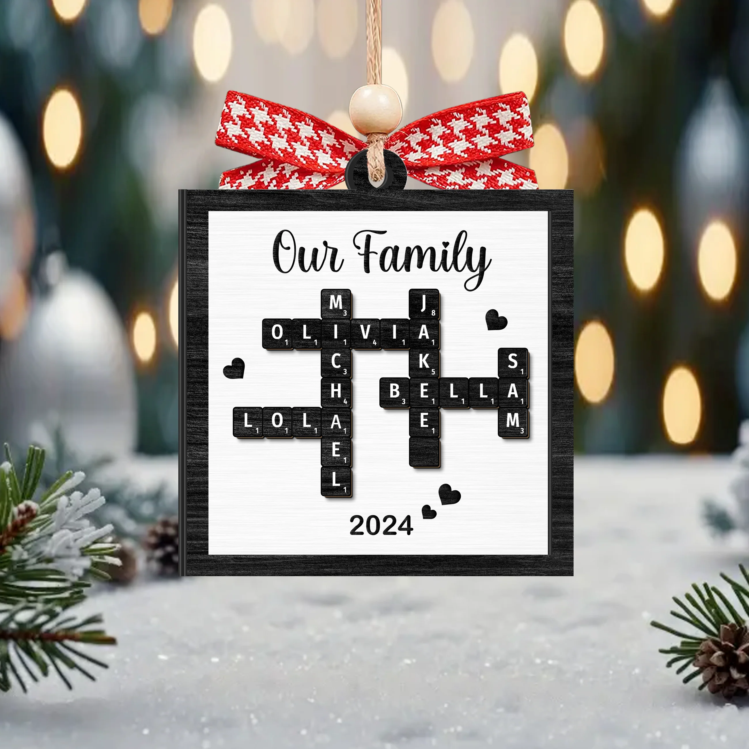 Personalized Family Names Crossword Puzzle Ornament, Family Christmas Ornament, 2-layer Wooden Ornament