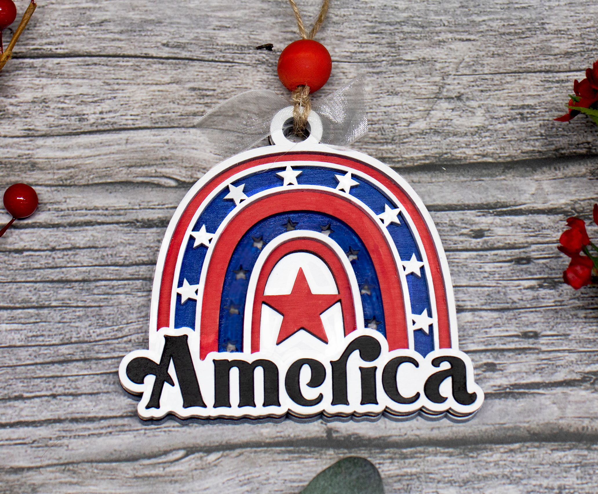 America Rainbow Christmas Ornament, Patriotic Ornament, American Flag Ornament, 3-Layer Wooden Ornament