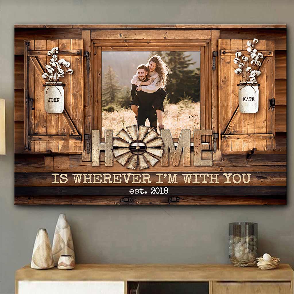 Home Is Where I’m With You Custom Photo Couple Canvas Wall Art, Valentine Gift For Couple