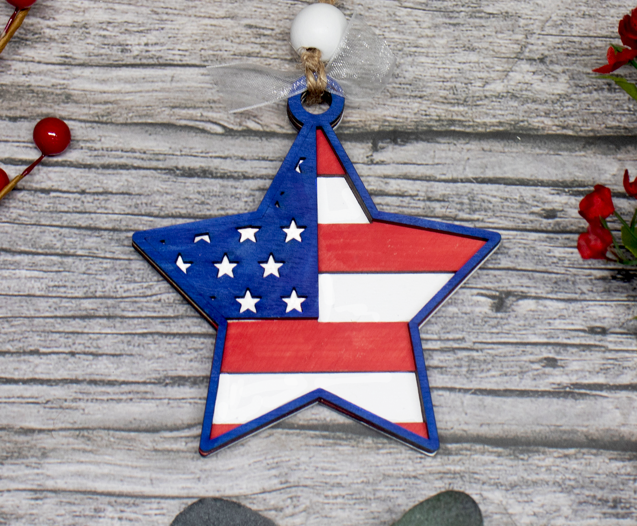 America Star Christmas Ornament, Patriotic Ornament, American Flag Ornament, 3-Layer Wooden Ornament