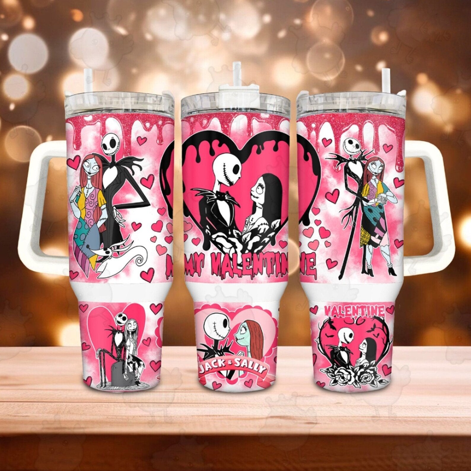 My Valentine 40oz Tumbler with Handle, Nightmare Before Christmas Tumbler, Halloween Gifts