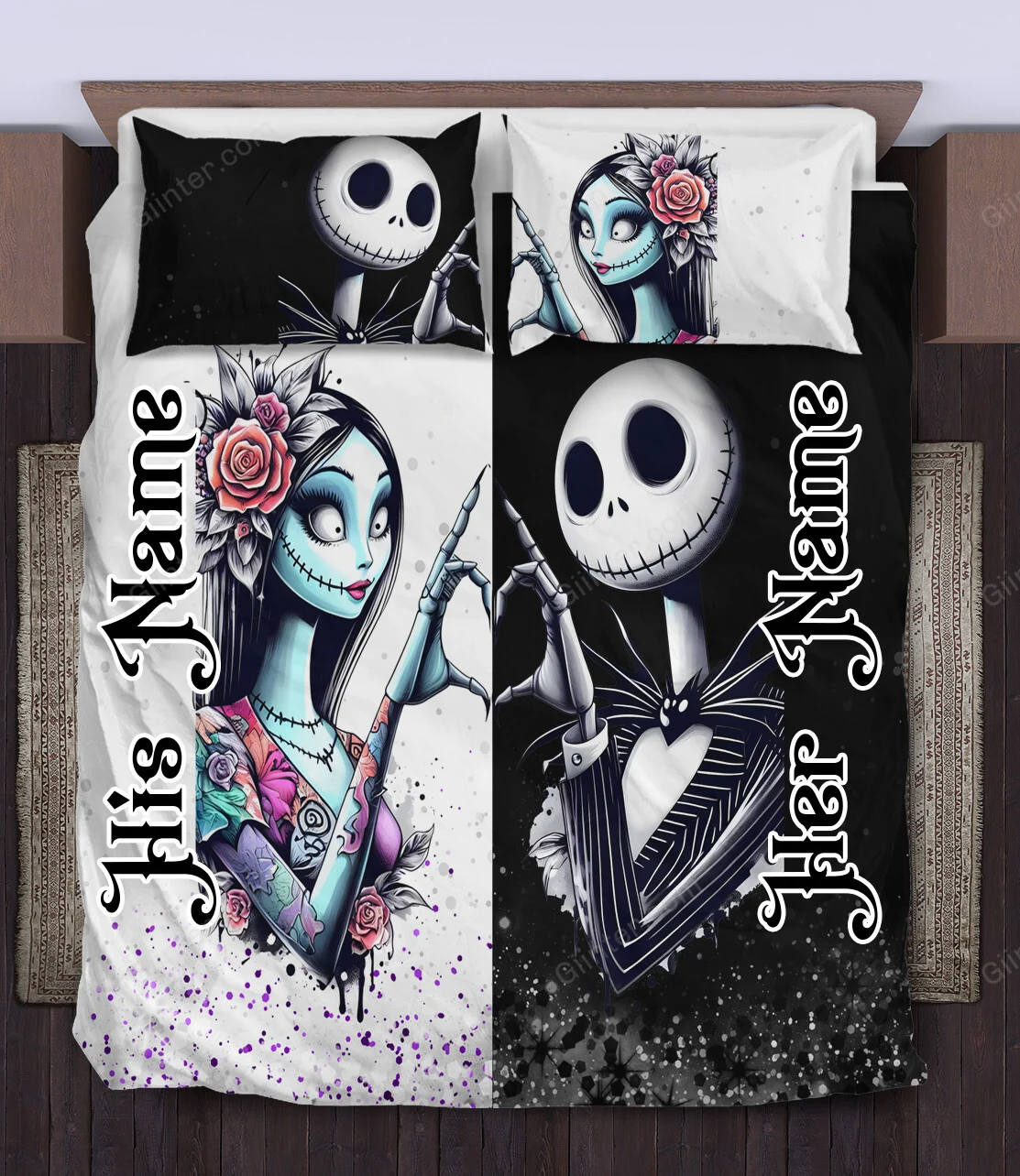 Jack Skellington & Sally Quilt Bed Sets, Couple Bedding Set, Nightmare Before Christmas Bed Set, Valentines Gift